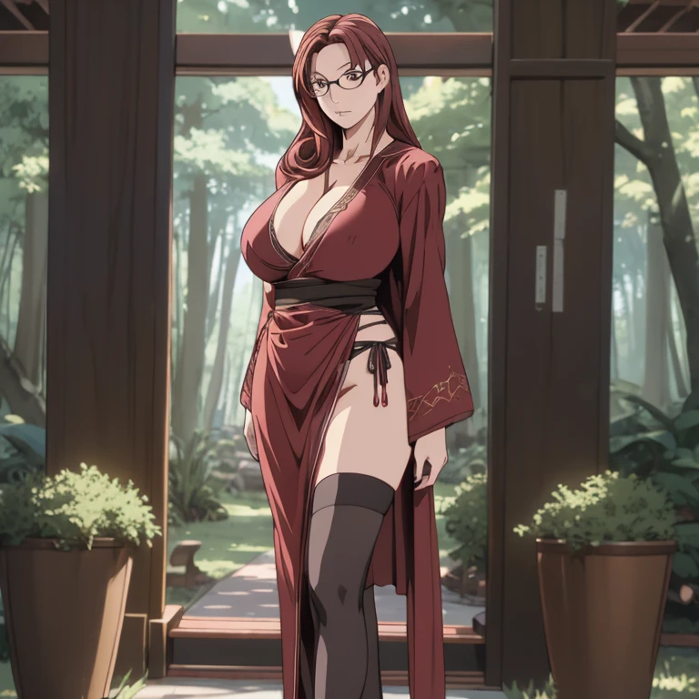 ichinose_sayaka, red hair, huge breasts, glasses, thighhighs, masterpiece, best quality, highres, (robe), cleavage, ((pelvic curtain)), forest in background, (full body), expressionless, (v-neck), black legwear, milf, 1girl, solo, standing, thick thighs, wide hips