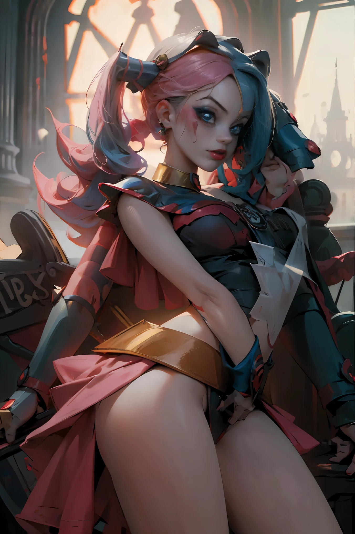 Maga oscura gils vestida de Harley Quinn. Tiene cabello rubio y negro. Ojos azules. Labios rojos. Dark magician gils is dressed as Harley Quinn. Pose sensual y inocente. Fondo de circo