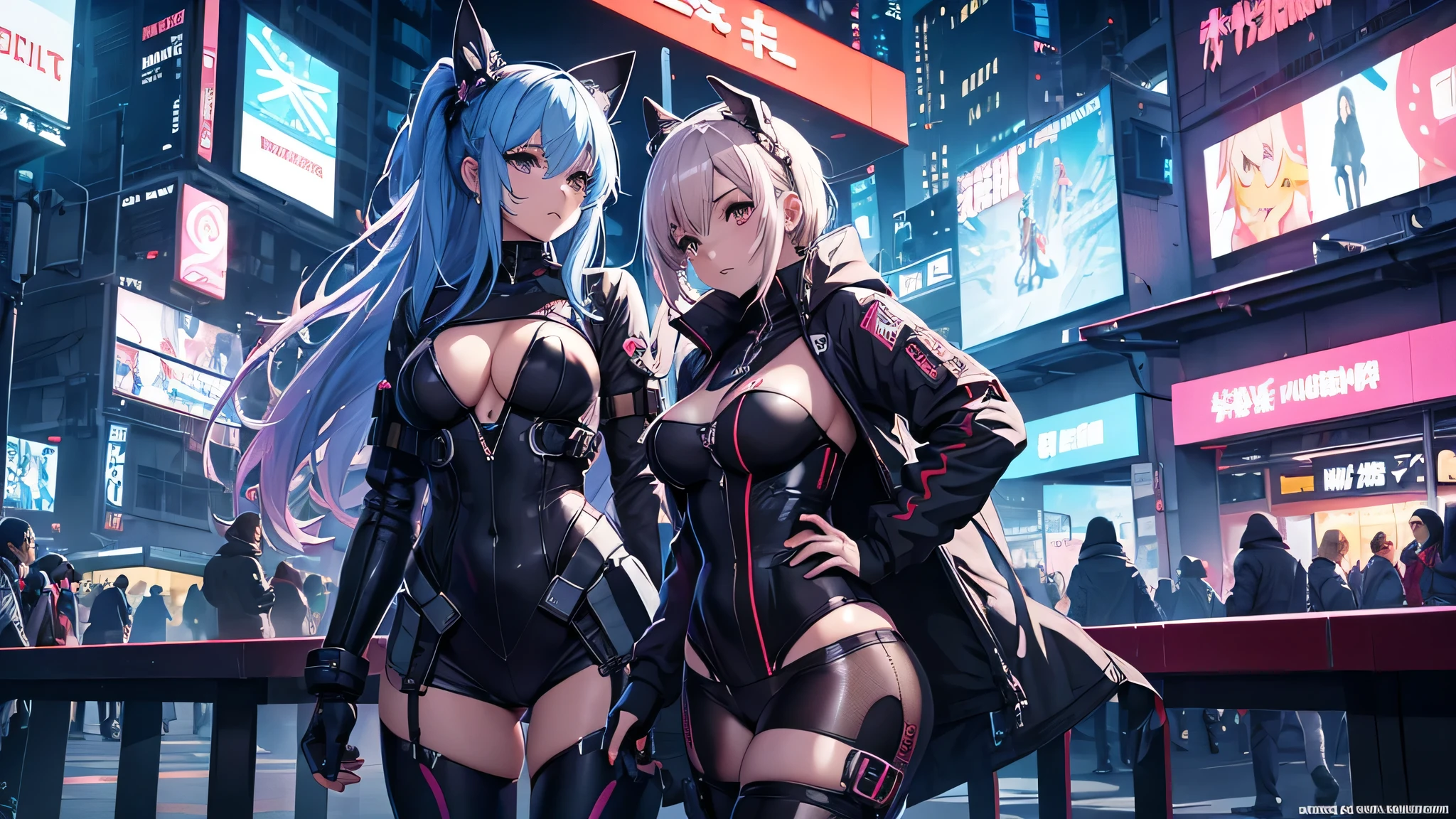 Chicas anime en catsuits posando en una ciudad por la noche., oppai ciberpunk, anime ciberpunk art, anime ciberpunk, arte del anime ciberpunk, digital arte del anime ciberpunk, ciberpunk digital - arte anime, anime ciberpunk moderno, anime ciberpunk digital!!, mejor fondo de pantalla de anime 4k konachan, chica anime cyberpunk femenina, en la ciudad ciberpunk, tendencia en cgstation, mujeres ciberpunk