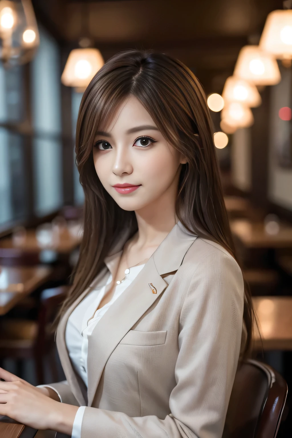 masterpiece, highest quality, Realistic, Very detailed, Finer details, High resolution, 8k wallpaper, One beautiful woman, Wear casual business attire, In a great restaurant, At night, Light brown messy hair, Perfect dynamic composition, Beautiful and beautiful eyes