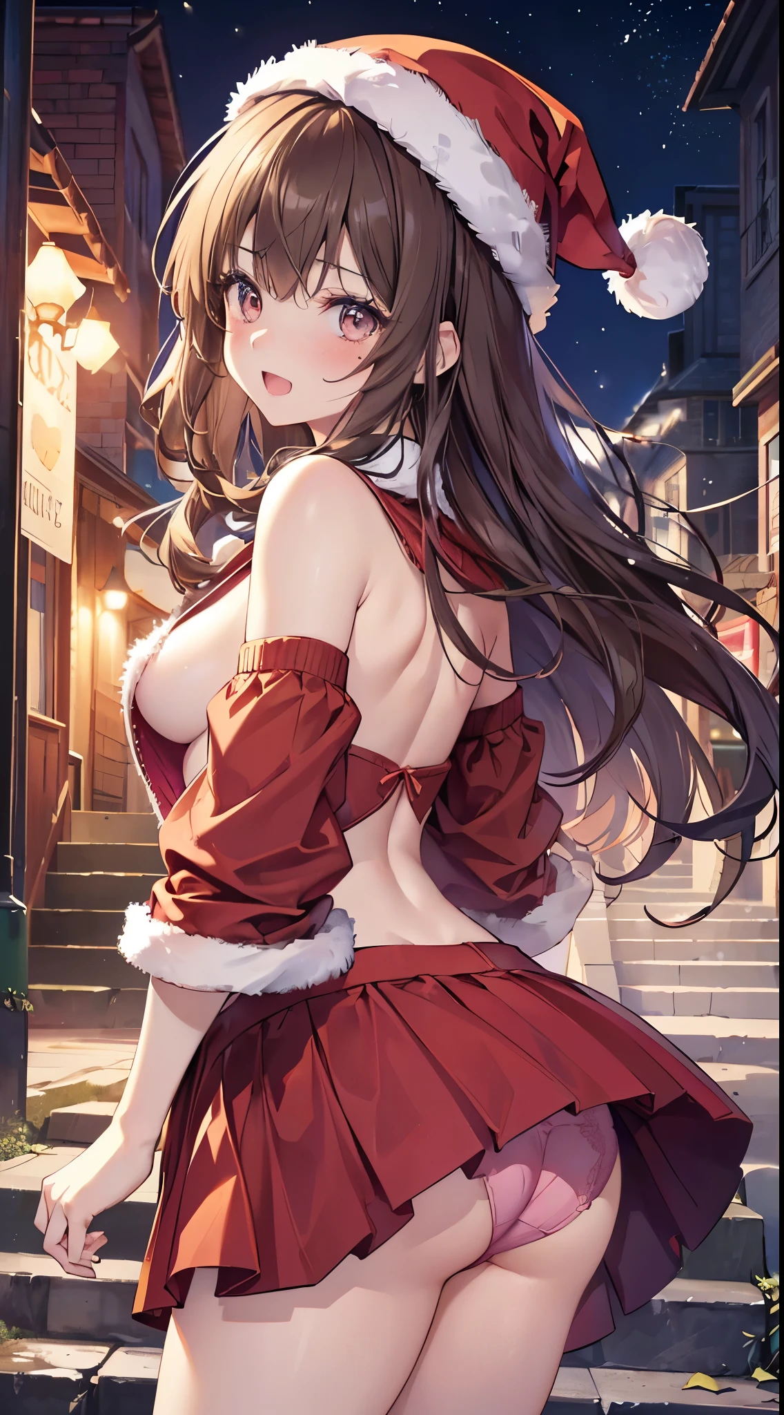 ((Tabletop, highest quality, High resolution, Hmph, Perfect Pixel, 4K, Hmph, Hmph))), One Girl, single, alone, Beauty、The whole body is visible、 ((Medium length wavy hair, bangs, Brown Hair)), ((Brown eyes, Beautiful eyelashes, Realistic eyes)), ((Detailed face, Blushing:1.2)), ((Smooth texture:0.75, Realistic texture:0.65, Realistic:1.1, Anime CG Style)), Medium chest, Dynamic Angle, Perfect body, (Santa Claus Costume、Red knitted hat、Red off-the-shoulder sweater、Long Flared Skirt、No bra)), Christmas lights、Looking up from the bottom of the stairs、Very embarrassing panic smile、Open mouth and look shocked、 looked back、Leaning forward、(The wind blew up her skirt, exposing her buttocks..................................................、Stick your butt out、Touch your buttocks with both hands、Pink lace panties)、