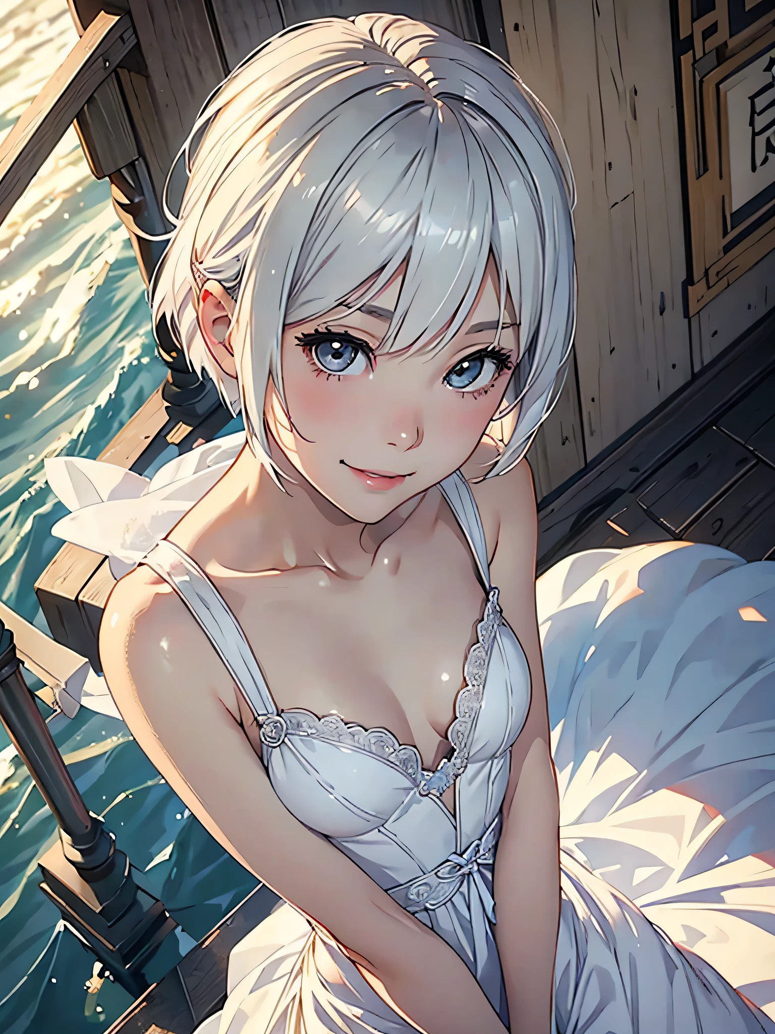 highest quality、Realistic、Women、Japanese、zoom、look up、cute、smile、Ocean、Gray eyes、Platinum Blonde Hair、Very Short Hair、Wedding dress、Face close-up、slender、Small breasts