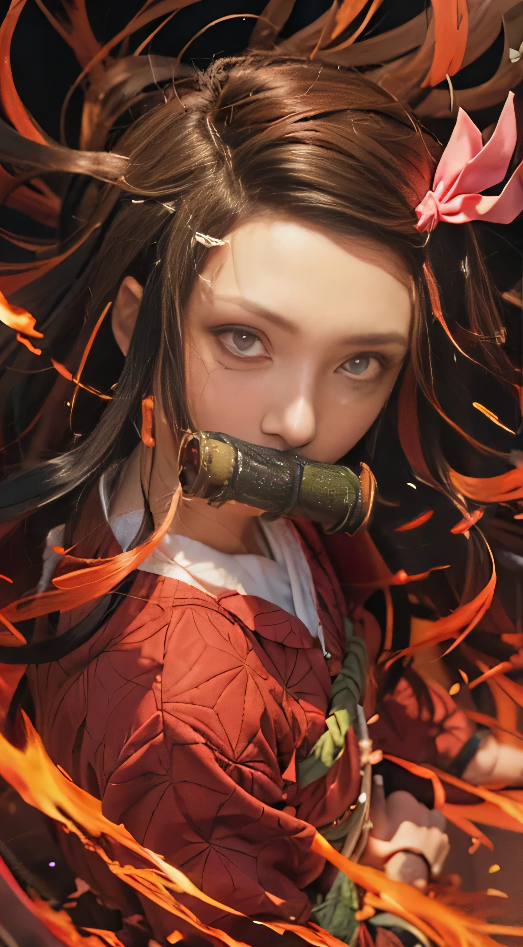 a girl with long hair and a bow in her hair, nezuko, nezuko-chan, demon slayer artstyle, demon slayer rui fanart, ayaka genshin impact, rin tohsaka, official artwork, demon slayer, tanjiro kamado, flaming katana, kawacy, anime visual of a cute girl