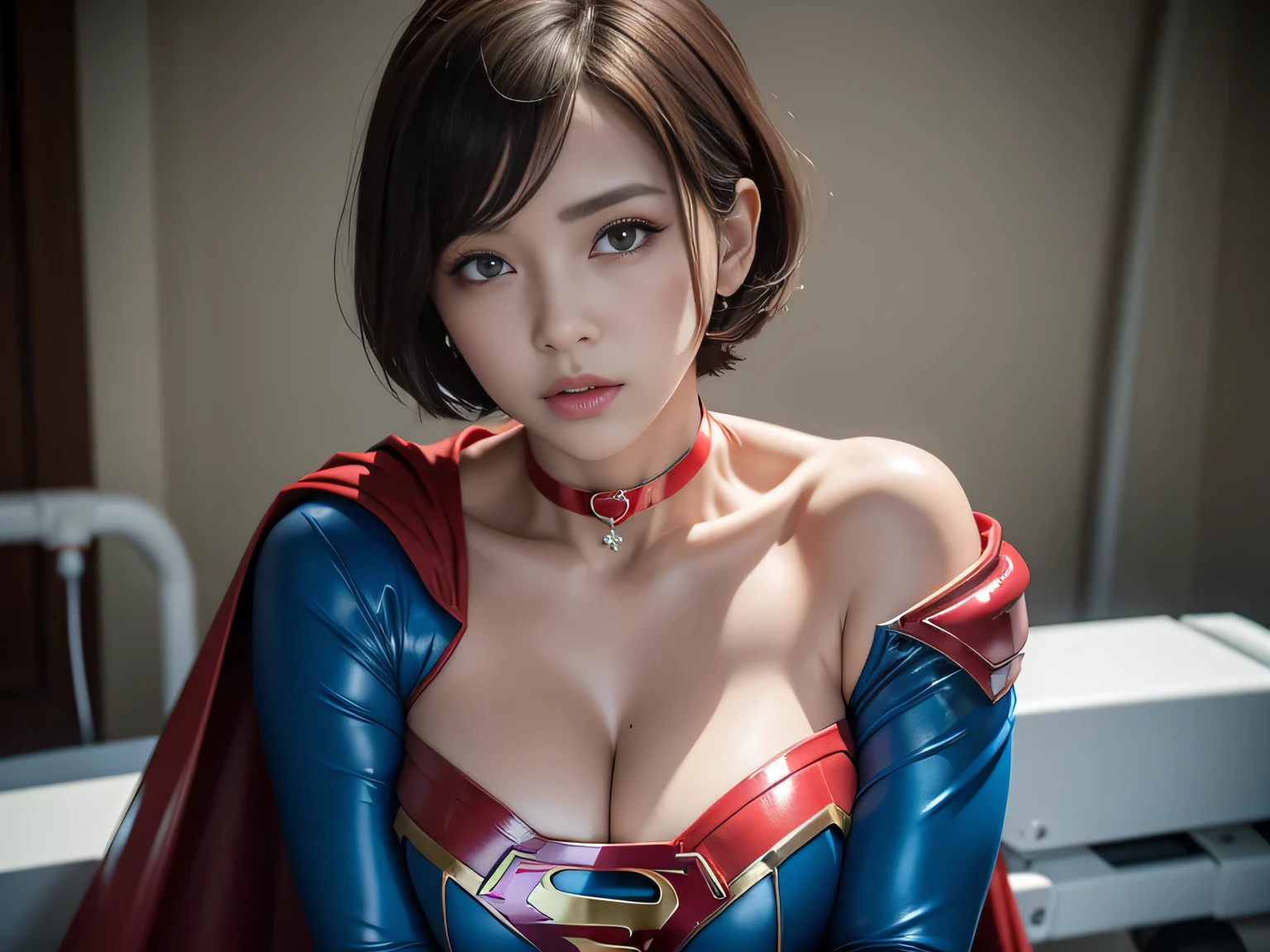 masterpiece、Enamel Supergirl Costume、Short Hair、Hospital operating table、Crisis situation、Big and ample breasts、looking at the camera、Shiny、Off the shoulder、choker、Long sleeve、Red exy poses to seduce、Sweaty、Model Body Type、Alluring、charm、Enchanting、abused、test subject、victim、Wild、Photorealistic、latex、