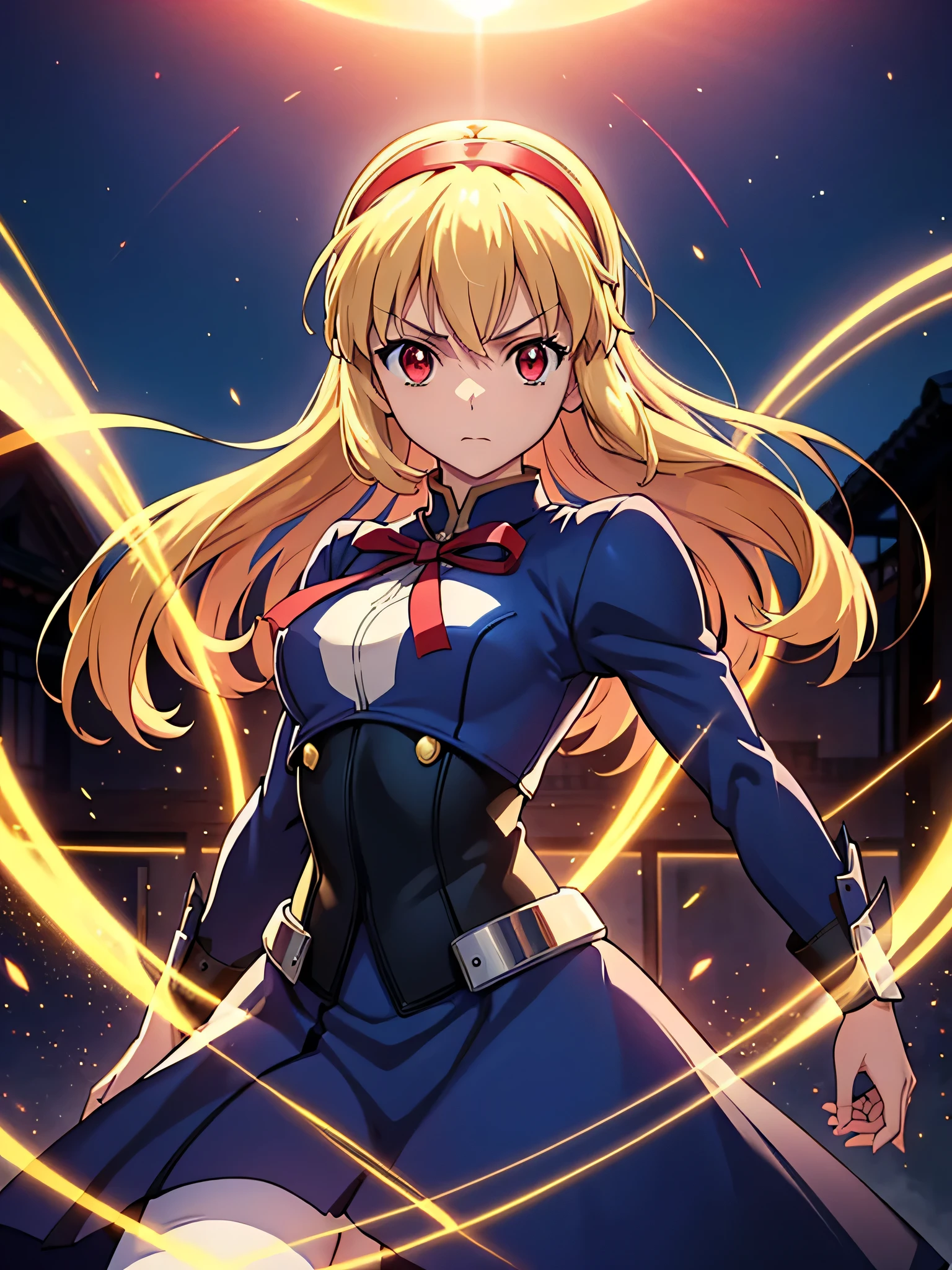 (red ribbon on hairband:1.2),（8K, best quality, muste piece:1.2)、ultra high resolution,1 very cute girl,hosimiya ichigo,ultra-detailed face, detailed eyes,RED eyes,masterpiece, best quality,1girl, , Full body shot, weapon, chain, very long hair, looking at viewer,(kbxll:0.5), Japanese Shrines, fantasy, bodysuit,city, energy ball, razer, lightning bolt, skirt, zettai ryouiki, Petrifying Demon Eye, dust-effect,Grain effect,Neon-light-effect, moon,tentacles,
artoria pendragon \(fate\), armor, dress, suit, excalibur \(fate/stay night\),
fighting stance, dinamic angle, sparks,shirt lift,battle,A grand city in the year 2100, wide shot, hyper realistic, Nausicaa Ghibl,