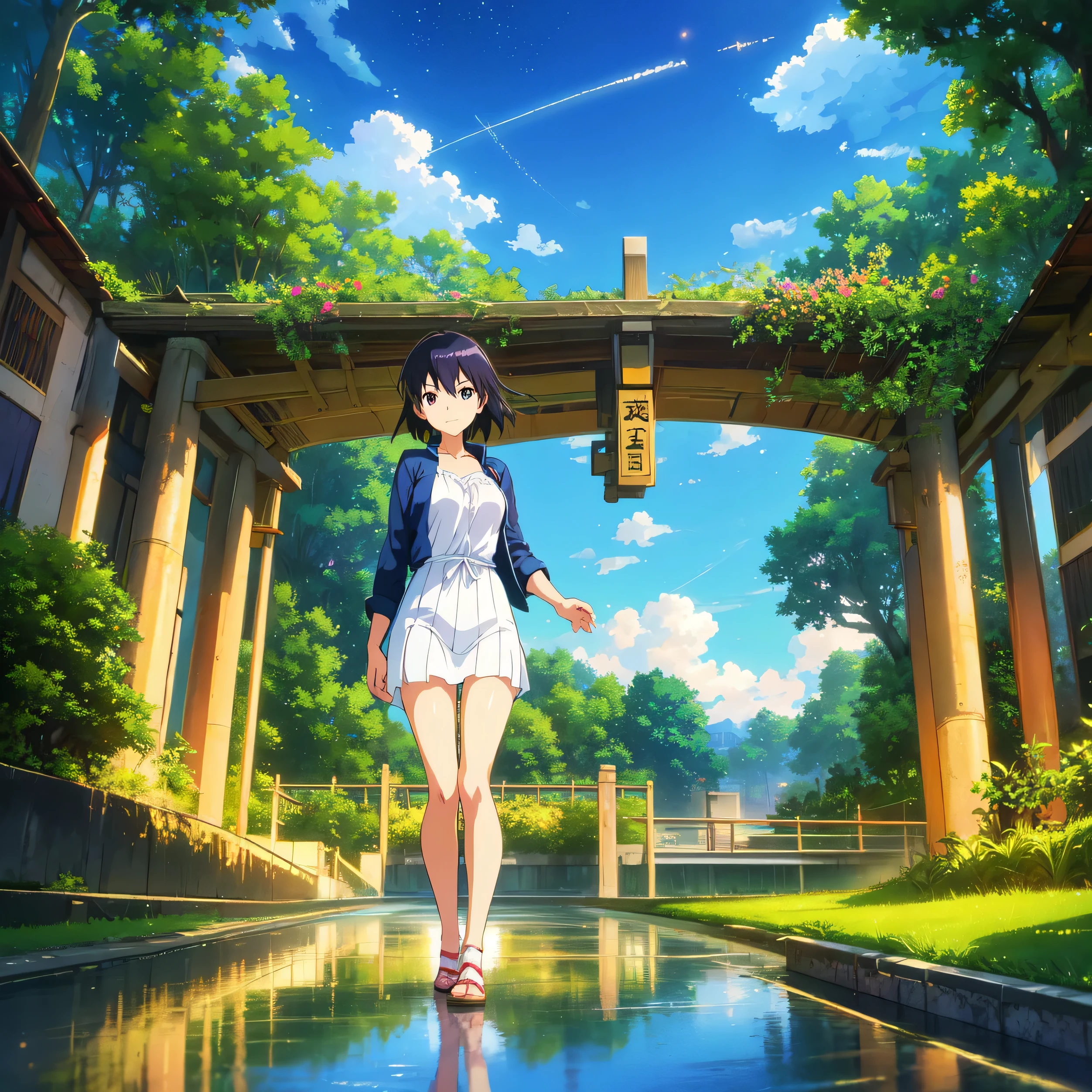 High quality masterpieces, landscapes, clouds, anime train passing water bodies on railway tracks in the distance, bright starry sky. traveler, romantic lights, pixiv, concept art, lofi art style, reflection. Makoto Shinkai, rophy art, beautiful anime scenes, anime scenery, detailed scenery — width 672, Makoto Shinkai's style, Makoto Shinkai's style, enhanced details.