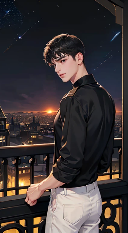 ((4K works))、​masterpiece、(top-quality)、One Beautiful Boy、Slim body、tall、((Black Y-shirt and white pants、Charming street style))、(Detailed beautiful eyes)、Stylish English Black Balcony、Castle inhabited by villains、Black shop window、Balcony at night、((Starry sky in the background))、((dark sky))、((Stylish cityscape))、((Shot on a stylish veranda))、mid night、((Short-haired black hair))、((Smaller face))、((Neutral face))、((White eyes))、((American adult male))、((Adult male 26 years old))、((Cool Men))、((Like a celebrity))、((Gentle look))、((Korean Makeup))、((elongated and sharp eyes))、((Happy dating))、((boyish))、((Upper body photography))、Professional Photos、((Shot alone))、((shot from back))、((Shot so that the back of the head is visible))、((Shot in close proximity to him))、((Focus zoom in))、((He is watching the sunset))、((He is standing on the balcony))