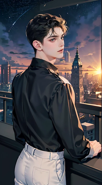 ((4K works))、​masterpiece、(top-quality)、One Beautiful Boy、Slim body、tall、((Black Y-shirt and white pants、Charming street style))、(Detailed beautiful eyes)、Stylish English Black Balcony、Castle inhabited by villains、Black shop window、Balcony at night、((Starry sky in the background))、((dark sky))、((Stylish cityscape))、((Shot on a stylish veranda))、mid night、((Short-haired black hair))、((Smaller face))、((Neutral face))、((White eyes))、((American adult male))、((Adult male 26 years old))、((Cool Men))、((Like a celebrity))、((Gentle look))、((Korean Makeup))、((elongated and sharp eyes))、((Happy dating))、((boyish))、((Upper body photography))、Professional Photos、((Shot alone))、((shot from back))、((Shot so that the back of the head is visible))、((Shot in close proximity to him))、((Focus zoom in))、((He is watching the sunset))、((He is standing on the balcony))