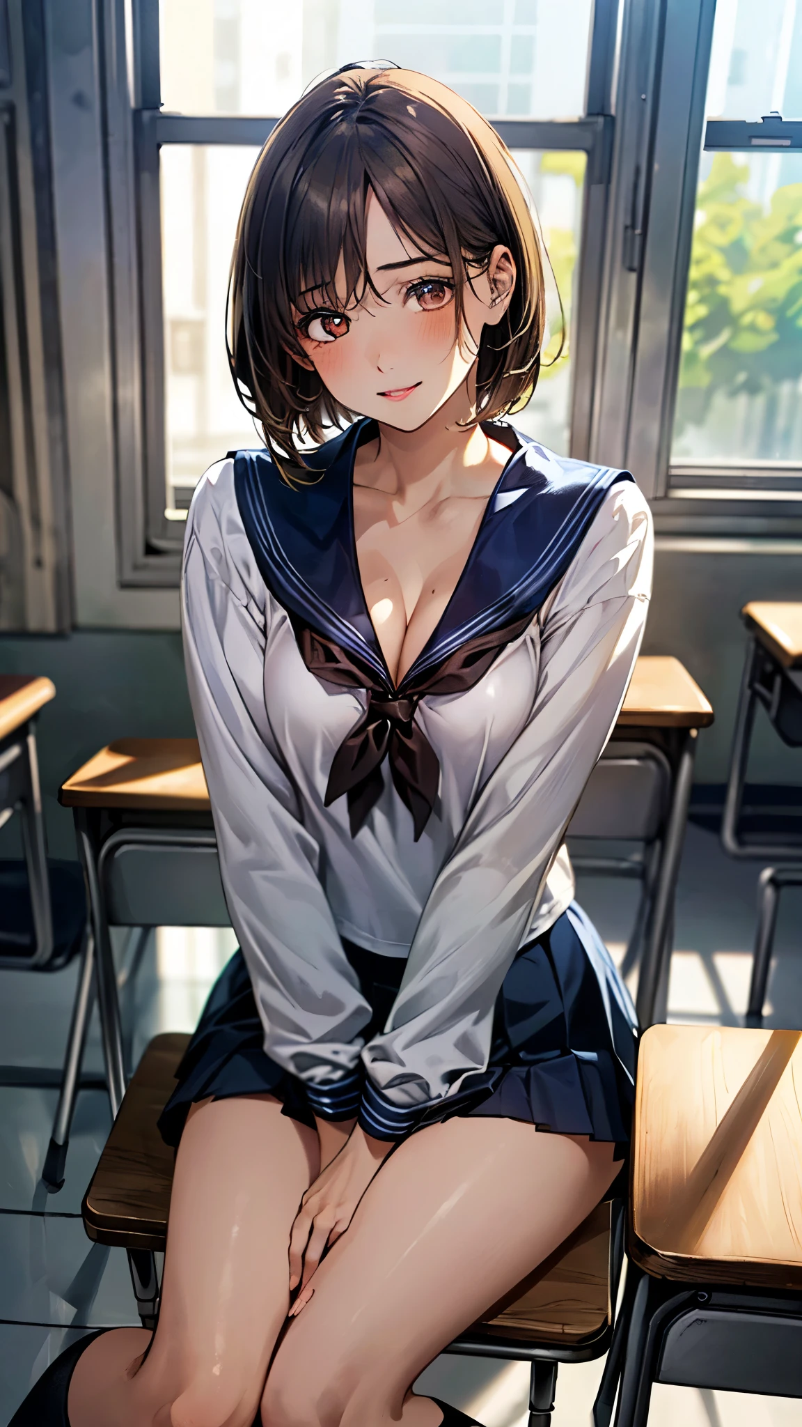 (masterpiece:1.3, top-quality, ultra high resolution, ultra detailed), (realistic, photorealistic:1.4), beautiful illustration, perfect lighting, natural lighting, depth of fields, portrait, 
beautiful detailed hair, beautiful detailed face, beautiful detailed eyes, beautiful clavicle, beautiful body, beautiful chest, beautiful thigh, beautiful legs, beautiful hands, 
looking at viewer, (face focus, upperbody), 1 girl, high school girl, (perfect anatomy, anatomically correct), cute and symmetrical face, babyface, perfect face, perfect eyes, super detailed skin, 
(short hair, bob cut:1,2, light brown hair), crossed bangs, navy eyes, long eye lasher, (medium breasts, juicy thighs, attractive thighs, cleavage:1.2), 
((detailed cloth texture, serafuku, long sleeves, pleated skirt, sailor collar, scarf), finest underwear), 
(beautiful scenery), evening, (classroom, sunlights, window), (sitting school chair, hand on own chin, (elbows on the desk), sit up, face in love), (seductive smile, upper eyes, parted lips), 
