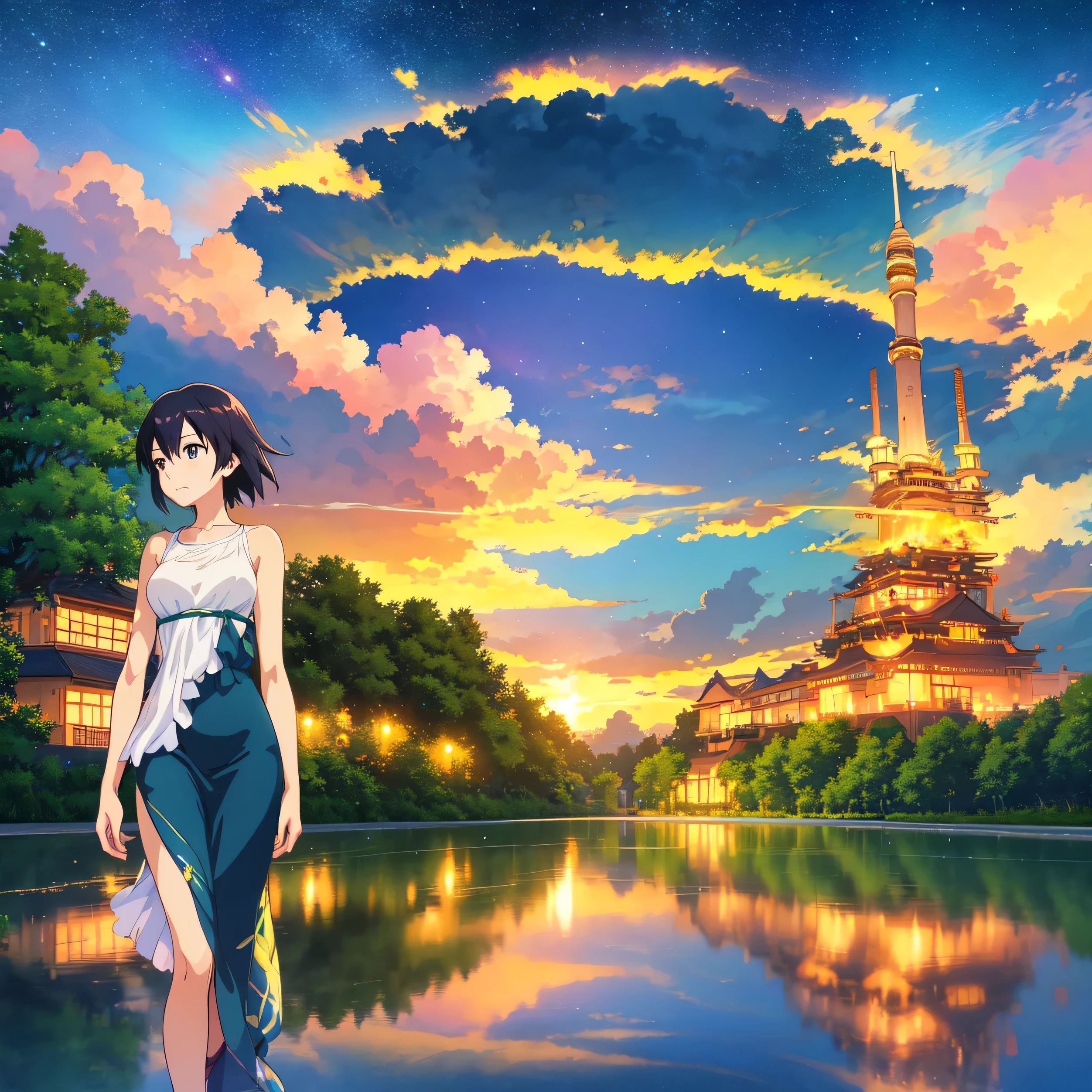 High quality masterpieces, landscapes, clouds, anime train passing water bodies on railway tracks in the distance, bright starry sky. traveler, romantic lights, pixiv, concept art, lofi art style, reflection. Makoto Shinkai, rophy art, beautiful anime scenes, anime scenery, detailed scenery — width 672, Makoto Shinkai's style, Makoto Shinkai's style, enhanced details.  