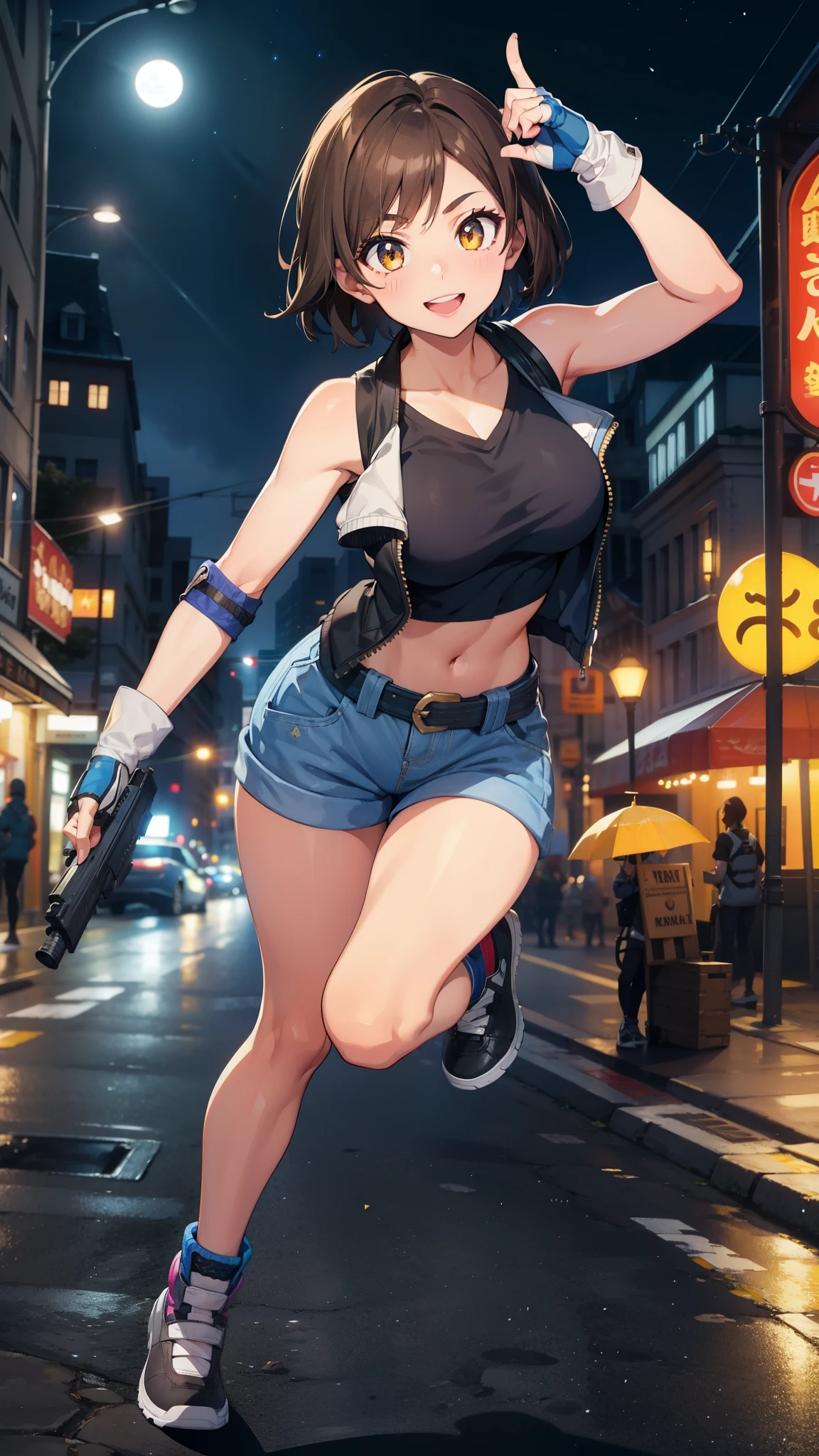 street dancer,  short hair, brown hair, yellow glowing eyes, perfect lips,big smile , confident smile,cute expression, cute face,victory pose, dinamic pose, fingerless gloves, gun, tank top, jacket, cute pose, ultra detailed face, long eyelashes, sharp eyes , Fullbody shot, dinamic viewer, night sky , dinamic point of view, 