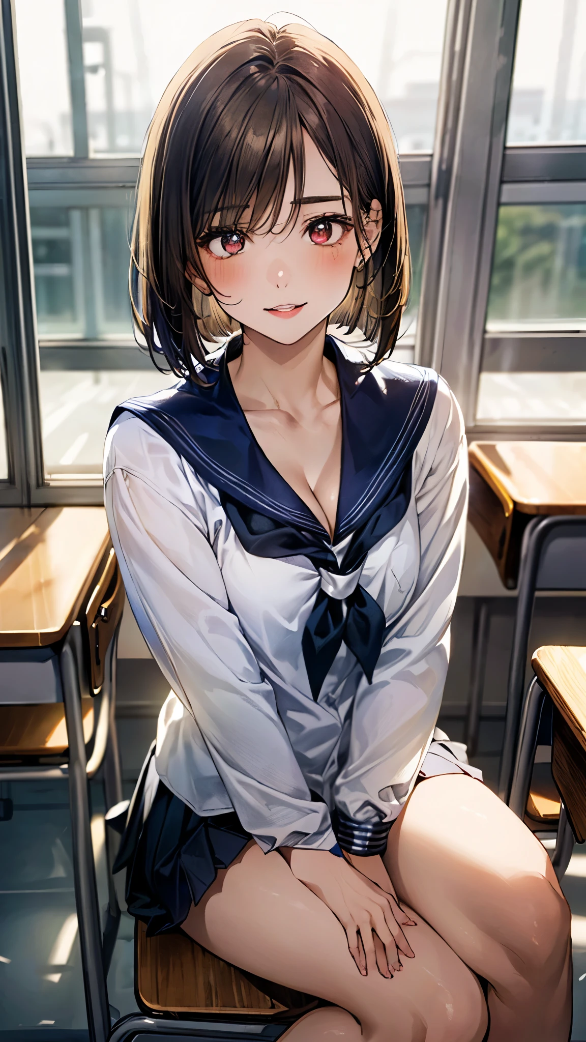 (masterpiece:1.3, top-quality, ultra high resolution, ultra detailed), (realistic, photorealistic:1.4), beautiful illustration, perfect lighting, natural lighting, depth of fields, portrait, 
beautiful detailed hair, beautiful detailed face, beautiful detailed eyes, beautiful clavicle, beautiful body, beautiful chest, beautiful thigh, beautiful legs, beautiful hands, 
looking at viewer, (face focus, upperbody), 1 girl, high school girl, (perfect anatomy, anatomically correct), cute and symmetrical face, babyface, perfect face, perfect eyes, super detailed skin, 
(short hair, bob cut:1,2, light brown hair), crossed bangs, navy eyes, long eye lasher, (medium breasts, juicy thighs, attractive thighs, cleavage:1.2), 
((detailed cloth texture, serafuku, long sleeves, pleated skirt, sailor collar, scarf), finest underwear), 
(beautiful scenery), evening, (classroom, sunlights, window), (sitting school chair, hand on own chin, (elbows on the desk), sit up, face in love), (seductive smile, upper eyes, parted lips), 