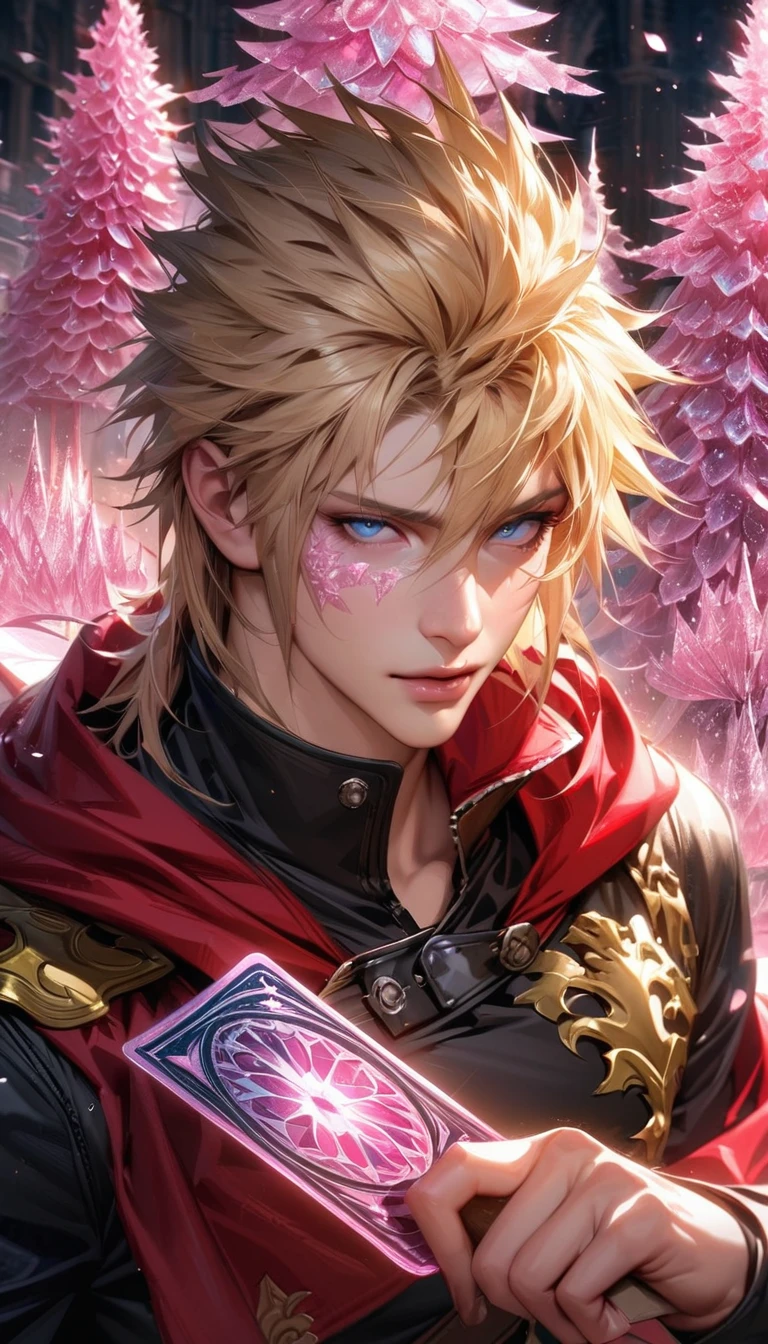 absurdres, highres, ultra detailed, HDR, masterpiece, extremely detailed face and eyes, realistic face, Ace, blond hair, expressive blue eyes, Final Fantasy Type 0, solo, sexy man, handsome, black clothes, red cape, holding a card, patterns, pink ice trees, pink ice flowers, pink ice butterflies