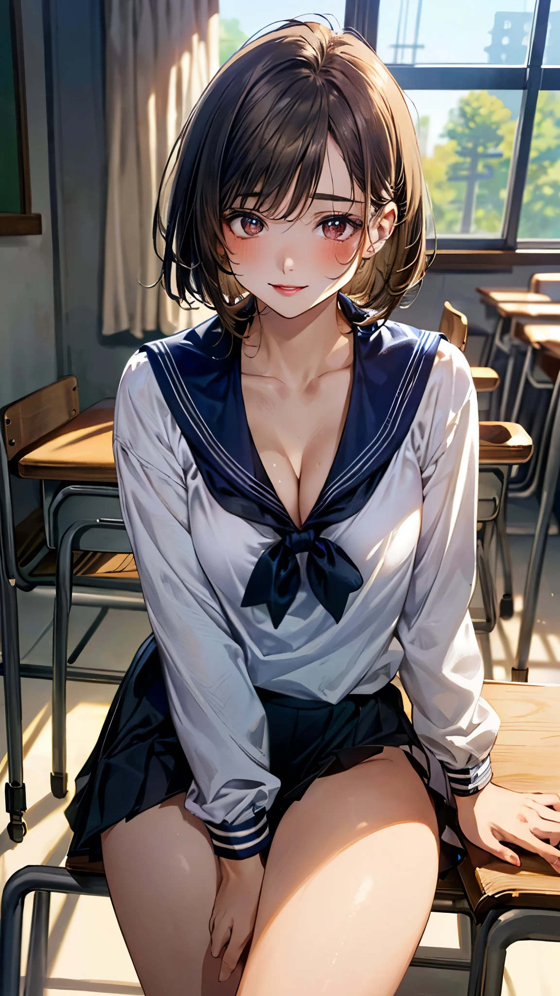 (masterpiece:1.3, top-quality, ultra high resolution, ultra detailed), (realistic, photorealistic:1.4), beautiful illustration, perfect lighting, natural lighting, depth of fields, portrait,
beautiful detailed hair, beautiful detailed face, beautiful detailed eyes, beautiful clavicle, beautiful body, beautiful chest, beautiful thigh, beautiful legs, beautiful hands,
looking at viewer, (face focus, upperbody), 1 girl, high school girl, (perfect anatomy, anatomically correct), cute and symmetrical face, babyface, perfect face, perfect eyes, super detailed skin,
(short hair, bob cut:1,2, light brown hair), crossed bangs, navy eyes, long eye lasher, (medium breasts, juicy thighs, attractive thighs, cleavage:1.2),
((detailed cloth texture, serafuku, long sleeves, pleated skirt, sailor collar, scarf), finest underwear),
(beautiful scenery), evening, (classroom, sunlights, window), (sitting school chair, hand on own chin, (elbows on the desk), sit up, face in love), (seductive smile, upper eyes, parted lips),