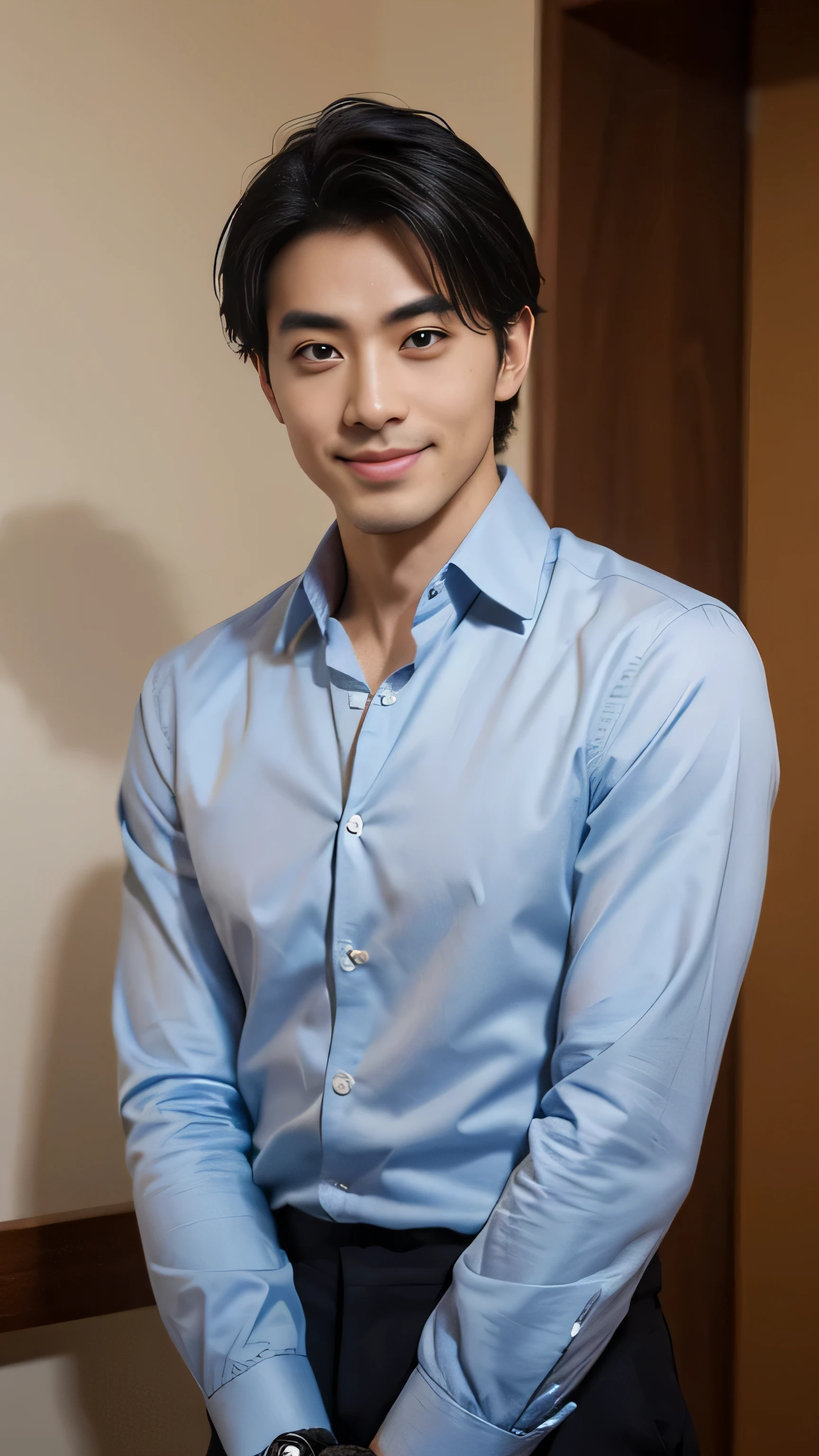 (((male))), 29-year-old, Japanese, High resolution, Realistic image, Upper body composition, Illuminate the face, short straight black hair, Sharp eyebrows, Narrow eyes that hint at cunning, Pointy Nose, Thin-lipped smile, Wearing a smart casual button-up shirt with the sleeves rolled up, A watch that shows attention to detail, Not muscular but healthy, The background is a modern office setting, Facial imperfections such as a slight scar above the right eyebrow