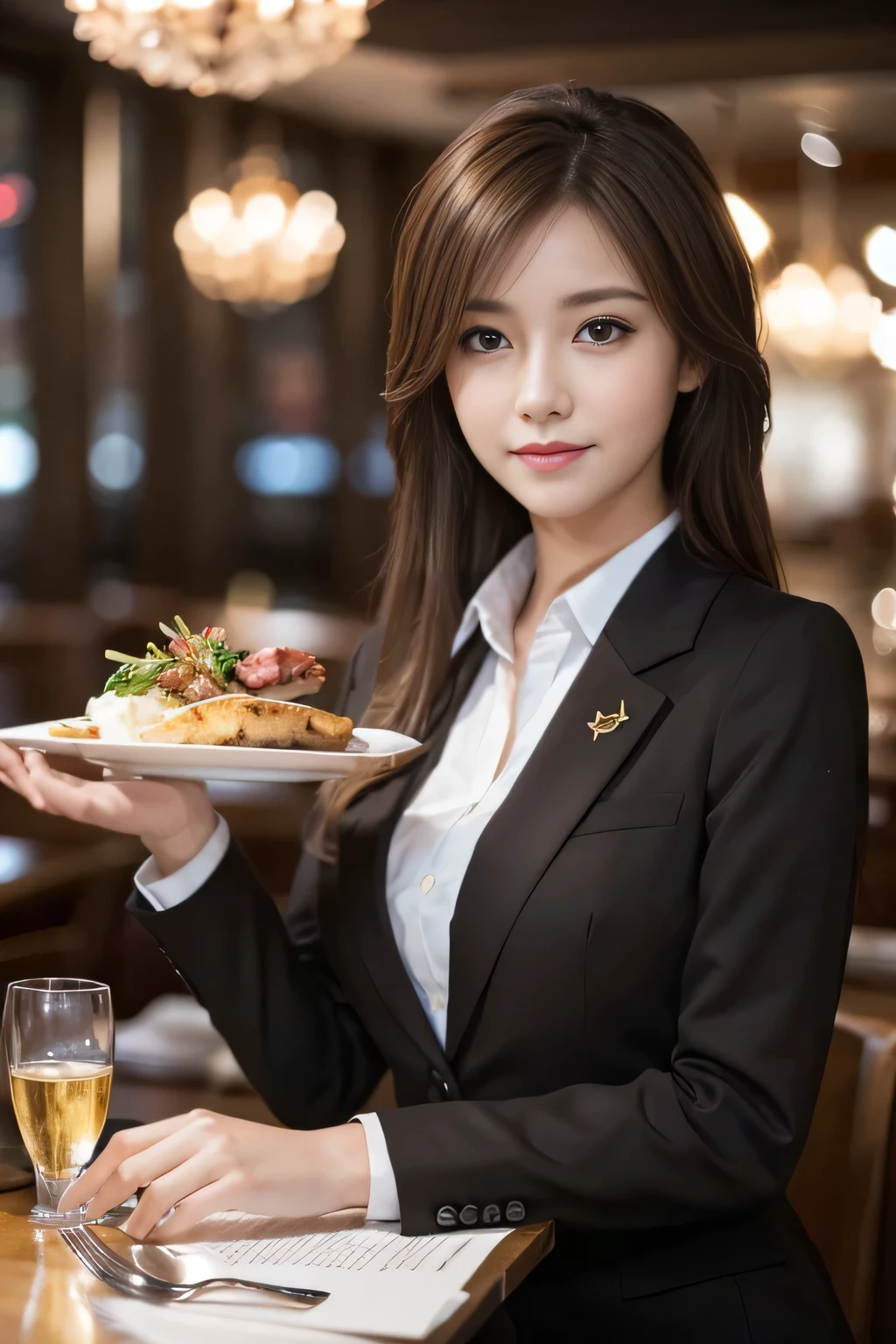 masterpiece, highest quality, Realistic, Very detailed, Finer details, High resolution, 8k wallpaper, One beautiful woman, Wear casual business attire, In a great restaurant, At night, Light brown messy hair, Perfect dynamic composition, Beautiful and beautiful eyes