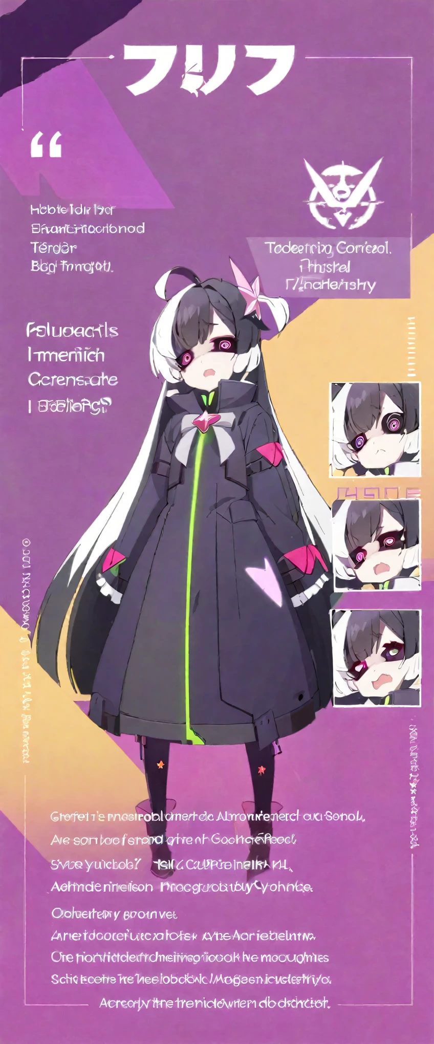 One girl,Magical girl,whole body,Are standing,,White Hair,Black Hair,Cyberpunk clothing,Long coat,Long sleeves,The mouth is hidden,Big coat,Sleeves touching the ground,Confused eyes,Bangs,Ahoge,Mocking,Evil Organization,Character Sheet,Simple background gray,