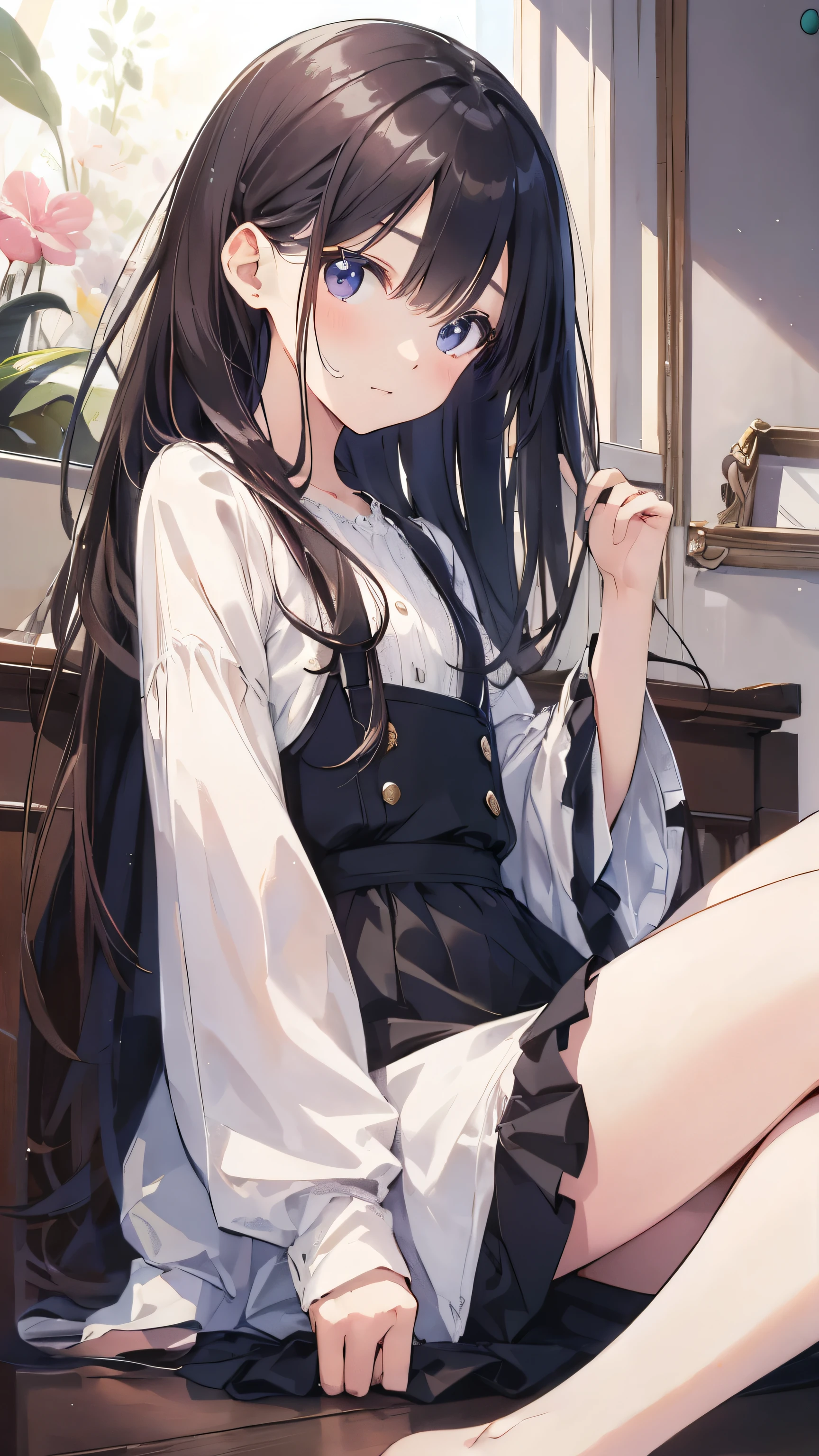 Masterpiece、Highest quality、highest quality、(((Lori)))、 ((((Petite))))、Shiny hair quality、Small face、Sitting、Super detailed, beautiful, wide eyes、Ultra-detailed, clear and beautiful faces、(cute illustration:1.2), High-resolution, ultra-detailed, best quality, embarrassed