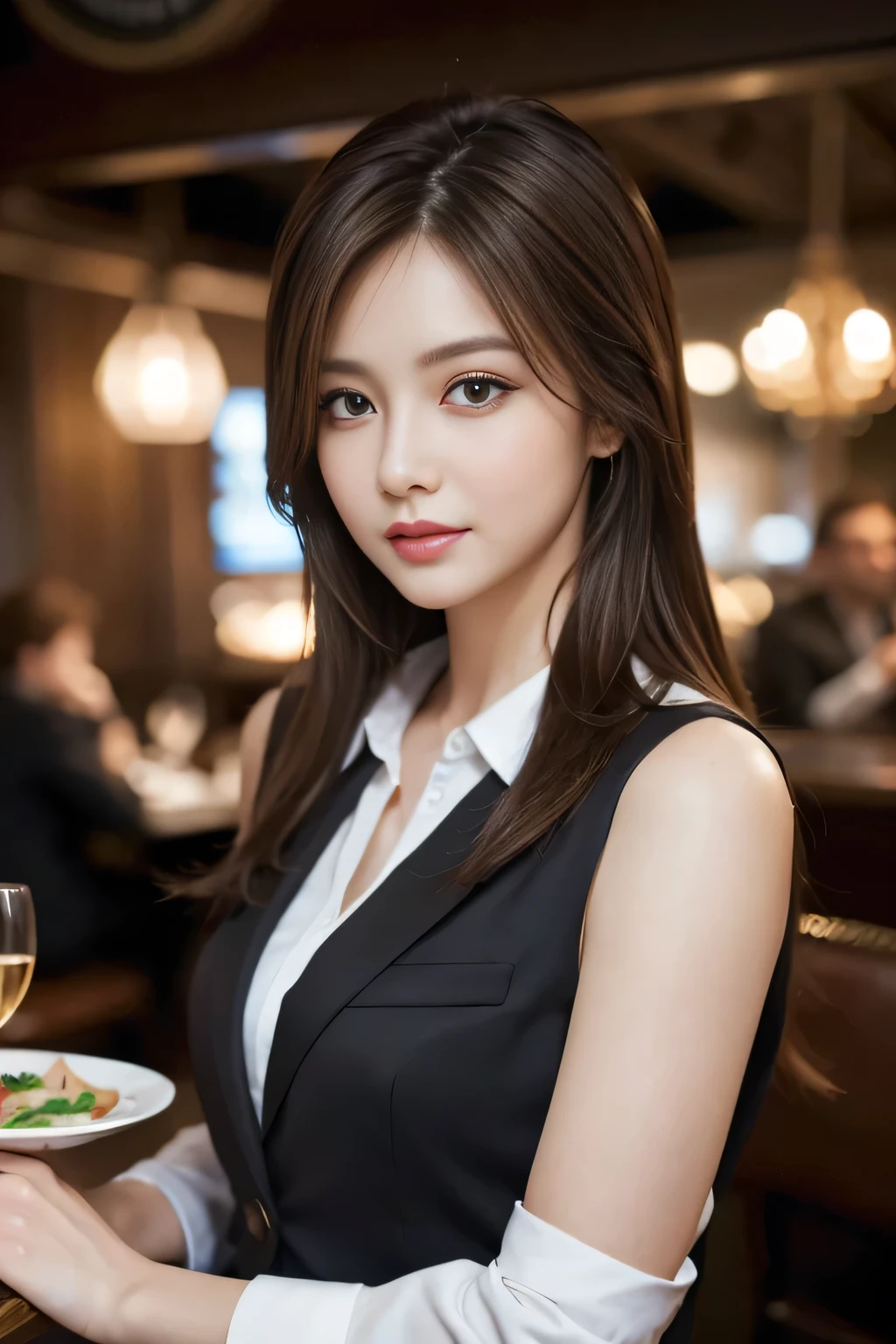 masterpiece, highest quality, Realistic, Very detailed, Finer details, High resolution, 8k wallpaper, One beautiful woman, Wear casual business attire, In a great restaurant, At night, Light brown messy hair, Perfect dynamic composition, Beautiful and beautiful eyes