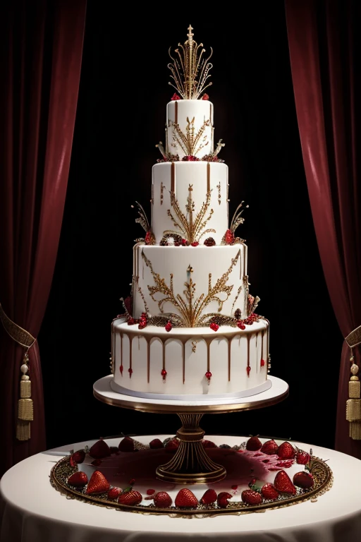 A visually striking and realistic 3D render of a colossal, super intricate decoration, A big tallest wedding stunning shinny cake tower made of lots of skulls, masterfully blending attractive, dark luxury and elegance. The stunning decoration cake, featuring multiple layers of bejewelled glossy pure white whipped creamed skulls, adorned with shinning melting blood sauce, enticing juicy fresh berries and intricate design, and a dramatic angle, luxury food, Seated on a melting blood from the top to the table, cinematic lighting with the steamy dark background. This conceptual masterpiece fuses fashion, 3D render, poster, architecture, and dark fantasy elements, creating an ultra-realistic, million-small-detailed design that captures the essence of a dark wedding cake creation, typography, conceptual art, portrait photograph, photo, cinematic, fashion, wildlife photography, vibrant, architecture, dark fantasy, product, poster, glossy melting, full body photo, hyperrealism, dynamic sweet thing, memorable, million small detailed design, HDR, jewels of strawberries on the bloody table