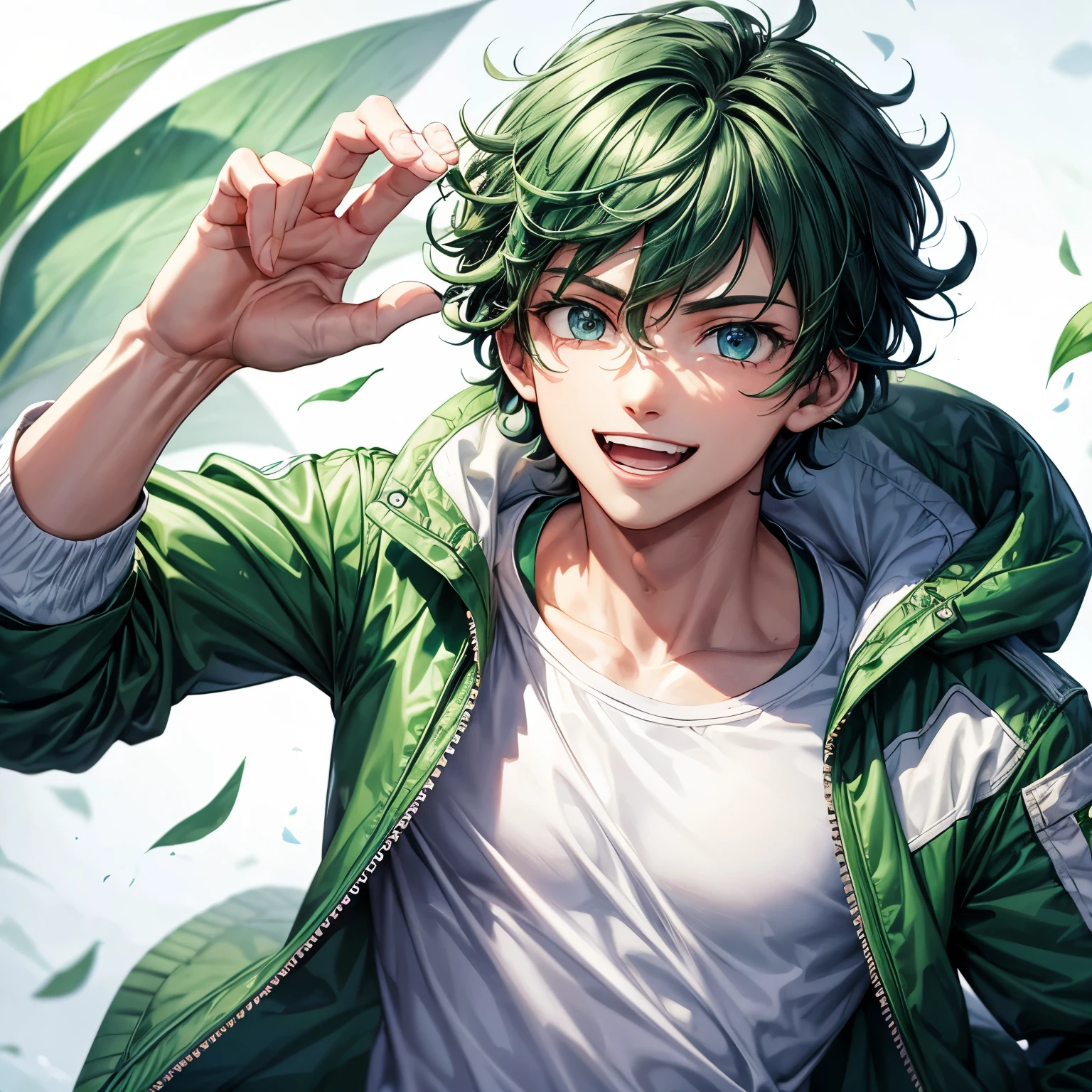 a man, short green curly hair, blue eyes, green and white bomber jacket, white t-shirt that says "SKYA", jumping, smiling, wind.