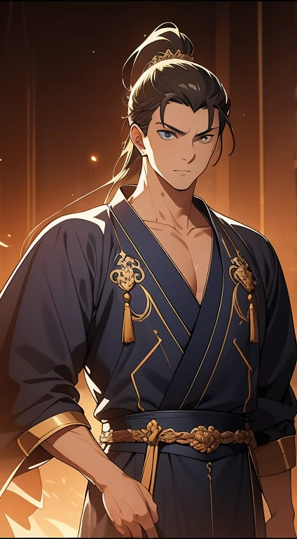 quadratic element，style of anime，mtu（Male Warrior），The proportions are correct，Face details，swordsmen，High ponytail hairstyle，Neck details，There is an Adam's apple，Blue suit，kaftan，long blue robes，clothes details，Handing over，longer sleeves，Game quality，Swordsmanship，Light and shadow tracking，Ray traching，detailed glow，cg render，hair detail，yellow long hair，blue colored eyes，Handsome，Handsome，（juvenile sense），Clothing is complicated，Perfectcomposition，Refinement，high qulity，higher details，Lots of details，The background is complex，a sense of atmosphere，