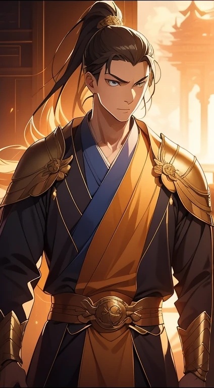 quadratic element,style of anime,mtu(Male Warrior),The proportions are correct,Face details,swordsmen,High ponytail hairstyle,Neck details,There is an Adam's apple,Blue suit,kaftan,long blue robes,clothes details,Handing over,longer sleeves,Game quality,Swordsmanship,Light and shadow tracking,Ray traching,detailed glow,cg render,hair detail,yellow long hair,blue colored eyes,Handsome,Handsome,(juvenile sense),Clothing is complicated,Perfectcomposition,Refinement,high qulity,higher details,Lots of details,The background is complex,a sense of atmosphere,