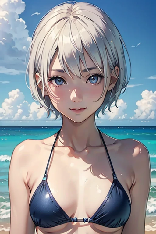 highest quality、Realistic、Women、Japanese、zoom、look up、cute、smile、Ocean、Gray eyes、Platinum Blonde Hair、Very Short Hair、Light blue bikini、Face close-up、slender、Small breasts
