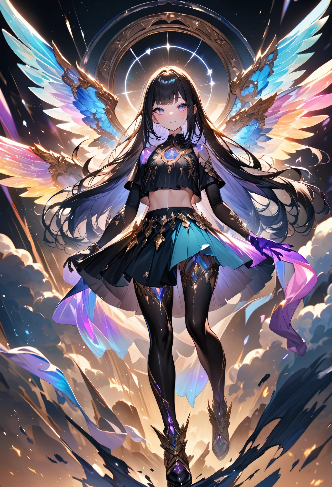 angel,(halo:rainbow1.5),Evil Smile,devil horn,sitting,slit,mesugaki,,gigantic wing,break (high contrast RGB color angel wings) break ((High Contrast RGB Effects, LED Effects, kaleidoscope effects, Shining effects, Glitter RGB effect)), (Ripple Effect:1.2) break