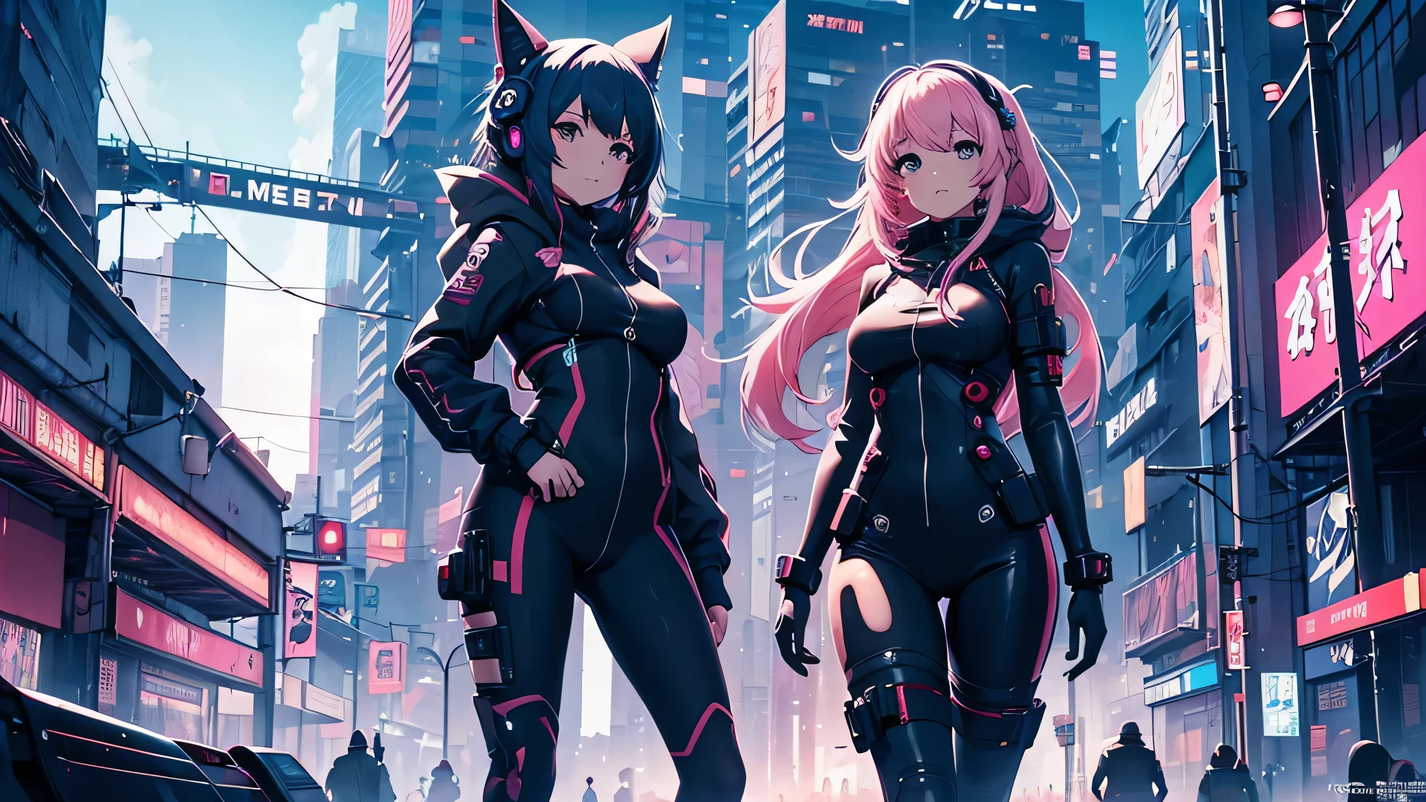 Chicas anime en catsuits posando en una ciudad por la noche., oppai ciberpunk, anime ciberpunk art, anime ciberpunk, arte del anime ciberpunk, digital arte del anime ciberpunk, ciberpunk digital - arte anime, anime ciberpunk moderno, anime ciberpunk digital!!, mejor fondo de pantalla de anime 4k konachan, chica anime cyberpunk femenina, en la ciudad ciberpunk, tendencia en cgstation, mujeres ciberpunk
