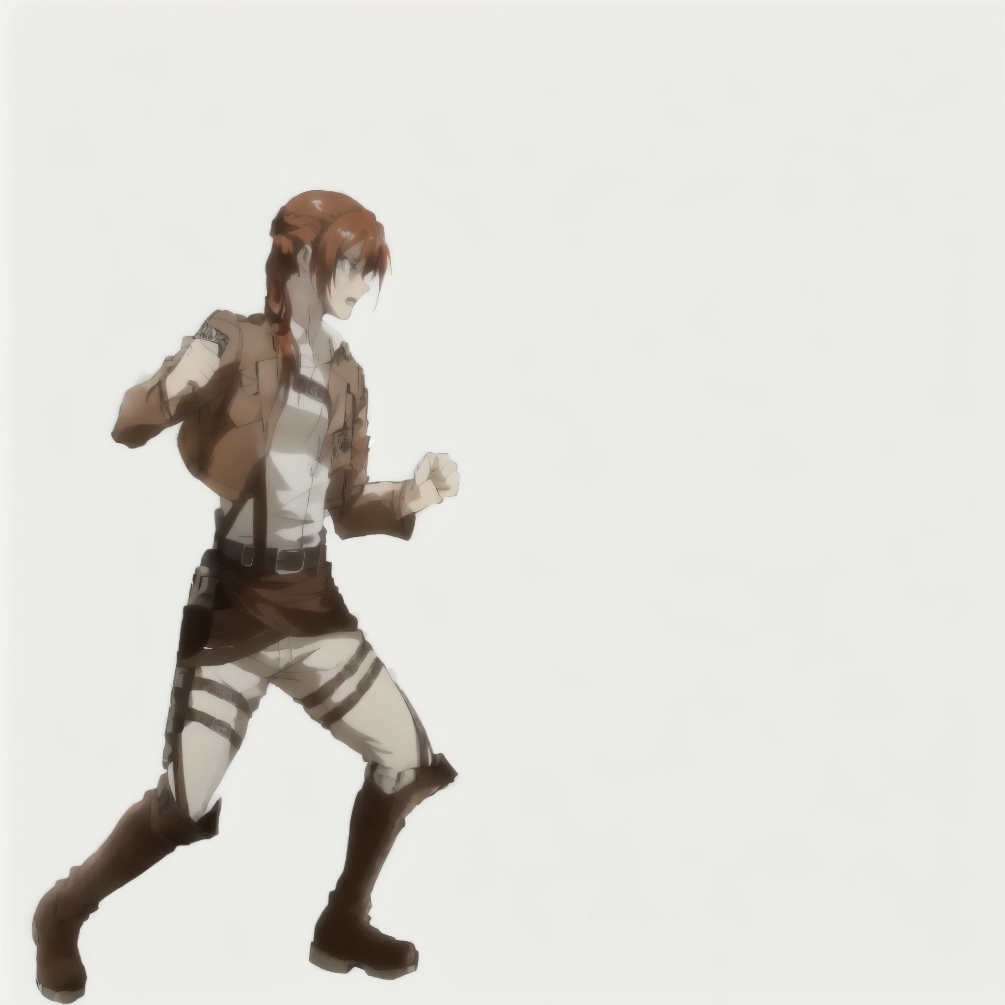 attack on titan, anime, character design, 1girl, auburn red hair, braided hair, green eyes, facing sideways, sideshot, cinematic, close combat, attack posture, angry, blank background, wearing white shirt, brown jacket 4k, female protagonist, official character art,fighter pose