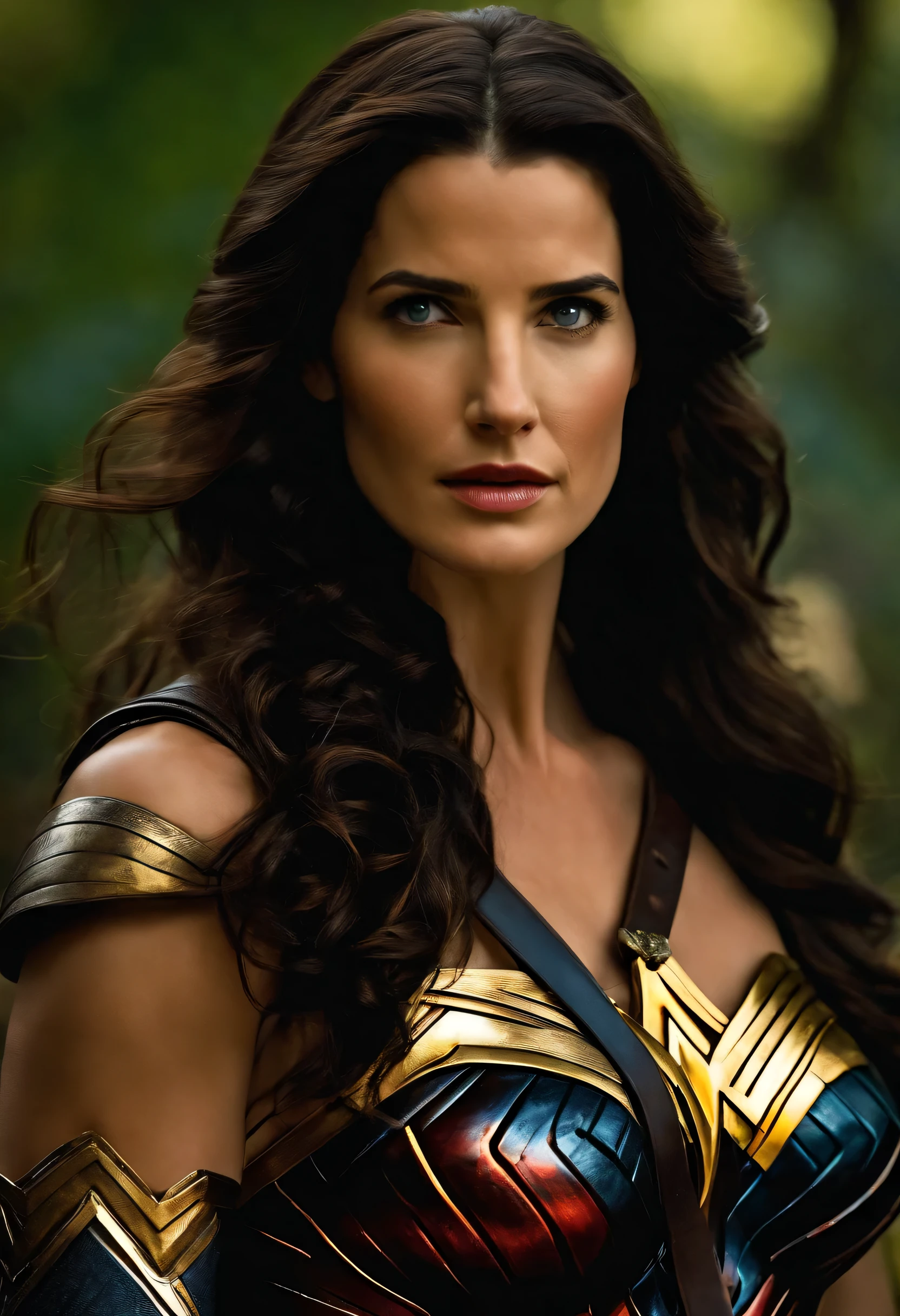 Cobie Smulders under the mantle of the Amazon warrior Wonder Woman long black hair perfect face updated costume Wonder Woman surreal and cinematic image in high definition HD 