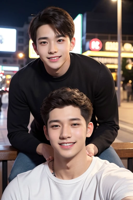 friends group highlights wearing a casual clothes smiling, young man with beautiful face, 22 years old, handsome attractive face, smiling male, attractive male, attractive man, attractive young man, beautiful young man, portrait of beautiful young man, perfect handsome face, handsome young man, lean man with light white skin, beautiful male face, handsome male, smiling man, cute young man 5 people, 5 people handsomes, Casual clothes, A hyper-realistic, Smiling expression, night city hiquality, Friends group, Nikon, Canon, Fujifilm, HD, 4K, 8k