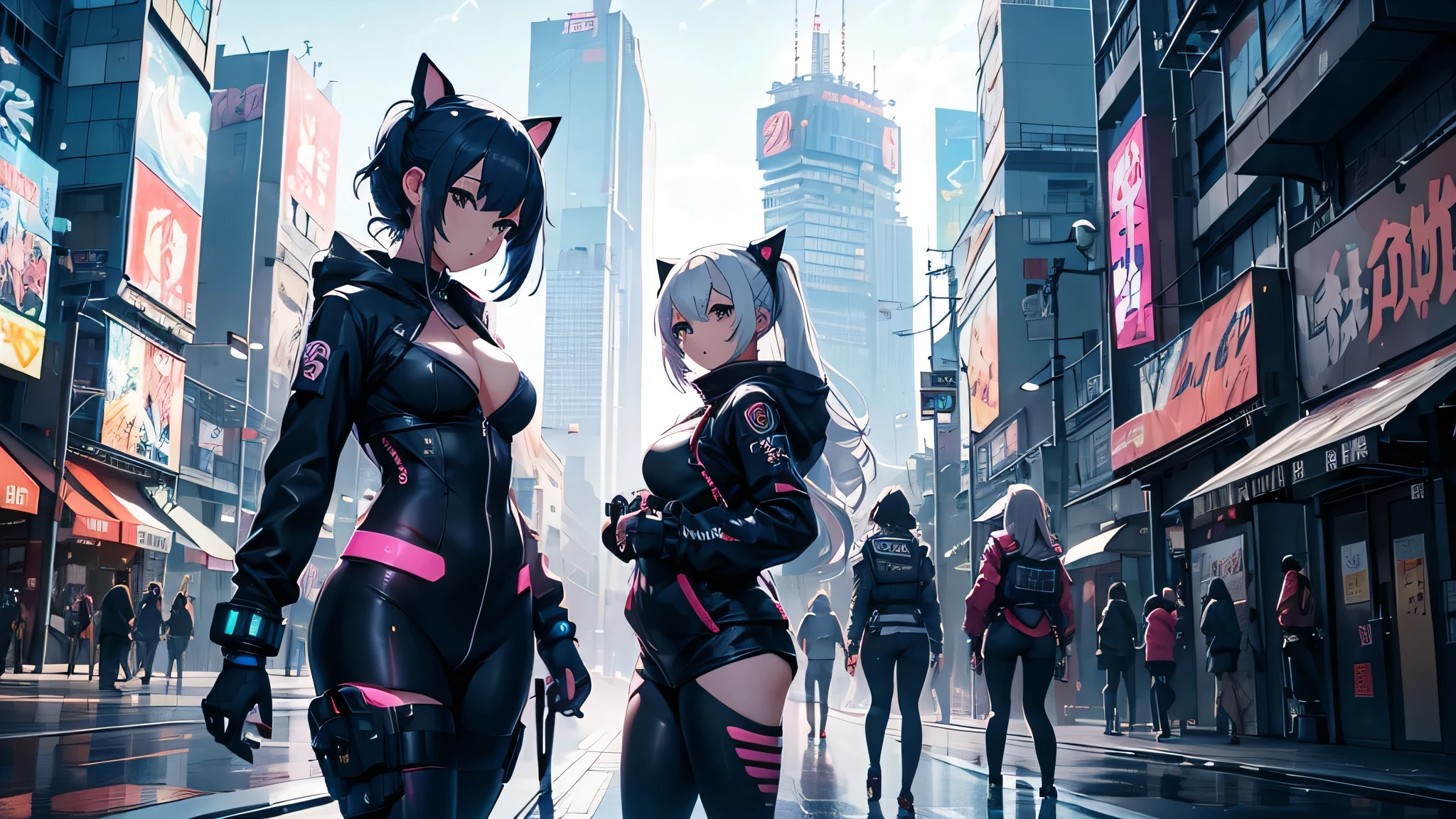 Chicas anime en catsuits posando en una ciudad por la noche., oppai ciberpunk, anime ciberpunk art, anime ciberpunk, arte del anime ciberpunk, digital arte del anime ciberpunk, ciberpunk digital - arte anime, anime ciberpunk moderno, anime ciberpunk digital!!, mejor fondo de pantalla de anime 4k konachan, chica anime cyberpunk femenina, en la ciudad ciberpunk, tendencia en cgstation, mujeres ciberpunk