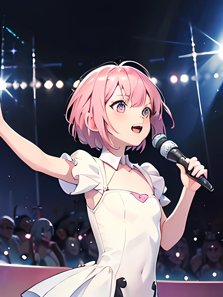 (1girl, cute girl, pink hair, short bob hair, flat chest),
BREAK,
(masterpiece, best quality:1.3), beautiful detailed eyes, absurdres, absolutely resolution, highres, ultra detailed, perfect anatomy, BREAK, (smile), sundress, (singing:2), Lara