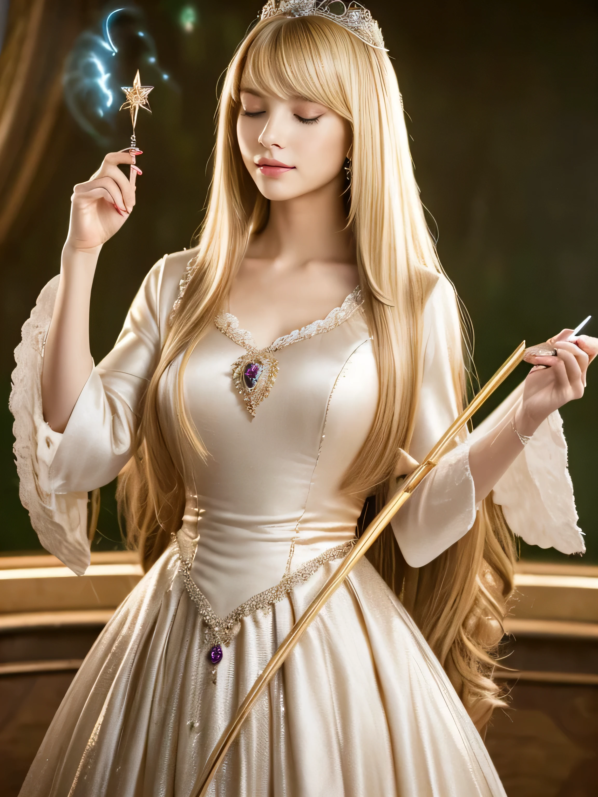((Full Shot:1.3)) (Big Breasts 1.4) ((highest quality)), ((masterpiece)), (Get used to it), Perfect Face (1 girl) (French) (She is 18 years old、The cutest and most beautiful fantasy girl in France) ((highest quality)), ((masterpiece)), length blonde hair length, shining golden hair,Golden Silky Hair, Straight blonde hair, length blonde straight hair, Perfect Silky Straight Hair, Straight blonde hair, length blonde hair, Her hair is long and straight, detailed length blonde hair ((big 1.4)) Super Long Hair down to the ankles ((Neat bangs The neatly trimmed bangs are princess cut and cover the entire forehead.......))... bright crimson lips good, Anatomically correct hand Thin fingers Anatomically correct five fingers Sexy professional makeup Beautiful French girl face, French facial features, Long Hair shiny Long Hair, length, shining golden hair, length, Straight Golden Hair, Her hair is long and straight, Super Long Hair girl, Silky Hair, length blonde hair, Silky Hair, length, Flat Hair, Silky texture, Long Hair, length, flowing blonde hair, thin and shiny hair Anatomically correct、White beautiful human skin and detail of hands and fingers Beautiful Eyes Mouth Details the corners of the mouth rise slightly Cool look (The eyebrows are dark brown in color) (She is wearing the gorgeous blue dress worn by Cinderella in the live-action version. Disney Color Photos、tumbler、Renaissance、Cinderella、She is wearing a gorgeous white Victorian dress..) (This is the European prairie of the 16th century.:1.5) (She is holding a healing wand and posing as if she is casting a healing spell.:2.4) (close your eyes:1.5) (Open your mouth:1.5)