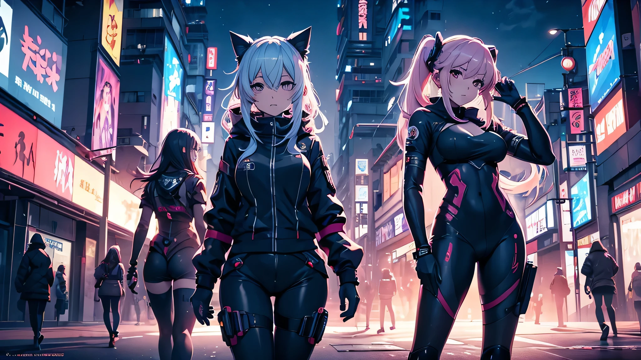 Chicas anime en catsuits posando en una ciudad por la noche., oppai ciberpunk, anime ciberpunk art, anime ciberpunk, arte del anime ciberpunk, digital arte del anime ciberpunk, ciberpunk digital - arte anime, anime ciberpunk moderno, anime ciberpunk digital!!, mejor fondo de pantalla de anime 4k konachan, chica anime cyberpunk femenina, en la ciudad ciberpunk, tendencia en cgstation, mujeres ciberpunk