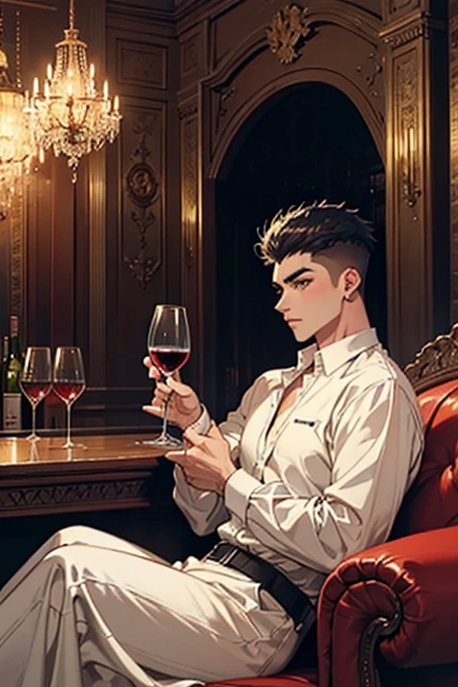 (1 person)((mtu :1.2))((Mysterious man)), (Sit on a red leather sofa), Sven style,A man like Yang Jian,(((Hair combed back,The hair on both sides is combed back,damp hair,extremely short hair))), The best ratio of four fingers to one thumb, (Holding a complete and perfect wine glass in his hand),((white shirt)),Black eyes, fantasy, Dark fantasy, Perfect hand, fantasy, romatic, Kravyod, (Architecture of the Baroque period), In the classic bar, Best light and shadow