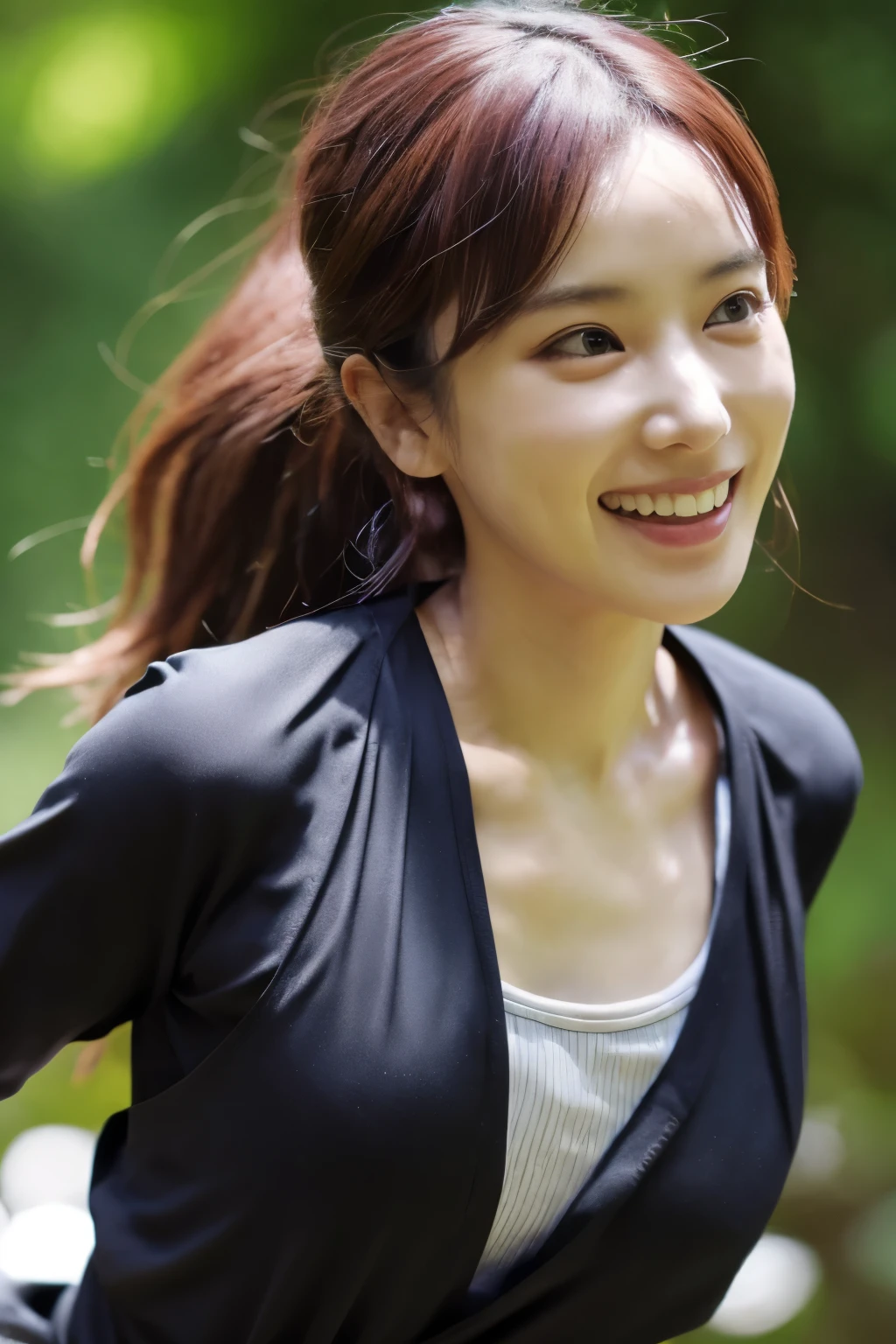 skinny Japanese woman in black Ninja kimono costume running to escape in the dark forest, beautiful face, ((detailed face, detailed eyes)), high quality, high resolution, hyperrealistic photo, award-winning, masterpiece