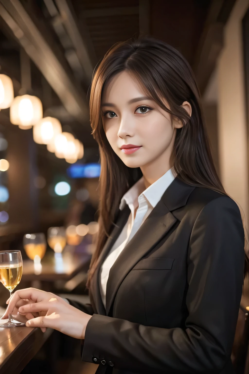 masterpiece, highest quality, Realistic, Very detailed, Finer details, High resolution, 8k wallpaper, One beautiful woman, Wear casual business attire, In a great restaurant, At night, Light brown messy hair, Perfect dynamic composition, Beautiful and beautiful eyes