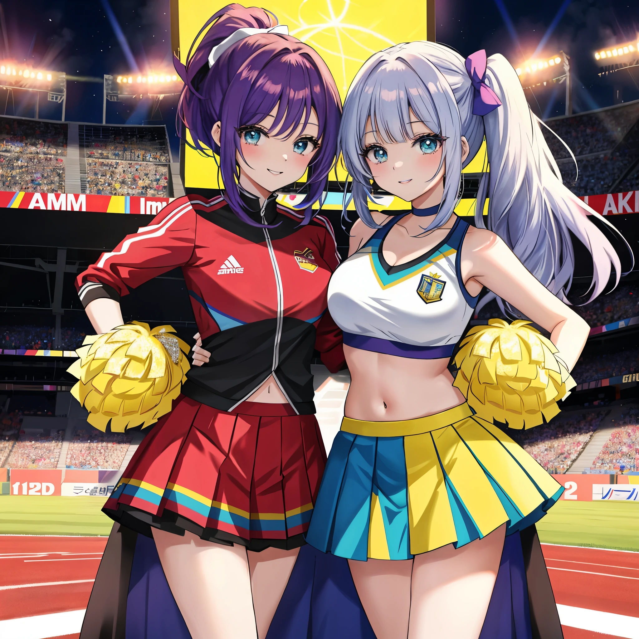 # Ultimate AI Illustration Prompt for Seart
- **Theme**: The ultimate team of popular cheerleaders
- **Number of Characters**: Two females (anime style)
- **Worldview**: Fusion of anime and manga, with a stadium and audience in the background
- **Body Type**: Slim and active cheerleaders
- **Skin Color**: Healthy skin tone with exposed skin
- **Animal Ears and Tail**: None
- **Costume**: Colorful cheerleader outfit, pleated plastic mini skirt
- **Costume Color**: Pop and vibrant colors
- **Hairstyle**: Combination of long hair, ponytail, twin tails, and bob cut
- **Hair Color**: Choose one as the main color, add two others as slight gradients
- **Wings**: None
- **Props**: Cheerleader pom-poms
- **Emotion**: Big anime eyes and a big smile
- **Movement**: Dancing
- **Perspective**: Positioned with a stadium and audience in the background
- **Composition**: Two females positioned in the center
- **Background**: Stadium and audience
- **Background Color**: Add as a sub (gold, blue, green 'main', light blue, yellow, silver, deep red 'sub')
- **Lighting**: Perfect lighting to highlight characters
- **Style**: High-resolution official artwork, or very detailed and intricate fan art style that is trending on ArtStation or Pixiv. Refer to the original paintings of Kusheart Krentz, feminine style, Fate style, Enako style, Nozomi Sasaki style, Kanna Hashimoto style. Incorporate real anime 2.5D style or real anime girls style.
- **Quality Improvement**: Aim for absurd, highest quality, real, hyper-real, ultra-detailed illustrations using the golden ratio 1.2 and drafting board 1.3. Create a beautiful masterpiece with a large file size created in 64K ultra-high resolution. The face resolution is also high, and the lighting is perfectly finished. Resolution is 8K, ultra-high resolution: 1.2, selectable high resolution (HD, 4K, 8K, 16K, etc.). The color bit depth is 24 bits, 48 bits (style fixed, quality fixed, skin color emphasized prompt fixed (leave it to the reflection rate)