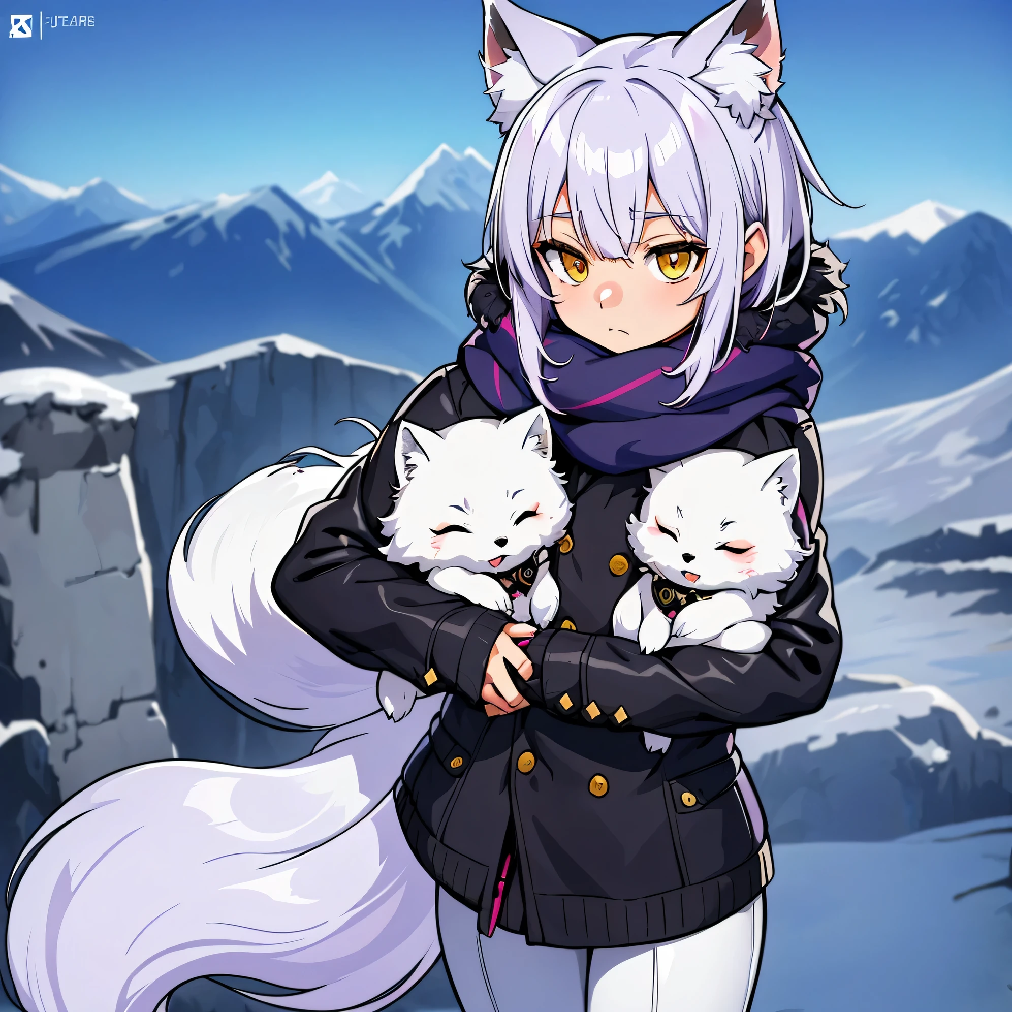 Style-NebMagic, portrait of Ismail Inceoglu, Gazelli, James jean, Anton Fadeev and Yoshitaka Amano, a fluffy cute Arctic fox wearing a Style-SylvaMagic scarf in the snow, very detailed, 8k resolution, digital art, trending on artstation, Vibrant Colours, Chibi style, masterpiece, adorable friendly lovely