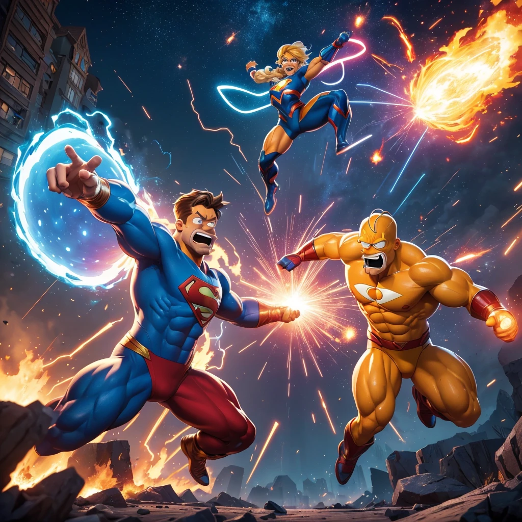 (best quality,4k,8k,highres,masterpiece:1.2),ultra-detailed,(realistic,photorealistic,photo-realistic:1.37),The Simpsons with super power,pencil sketches,comic book style,funny expressions,colorful backgrounds,vibrant colors,strong shadows,dynamic poses,cityscape,artistic effects,sparkling eyes,dazzling energy,impactful scenes,action-packed,flying characters,explosions,electric lightning,muscular figures,superhero costumes,heroic stances,special effects,magical sparks,emblematic symbols,super strength,fast speed,fire elements,frozen time,adventure theme,invincible,unstoppable,comic speech bubbles,captivating storytelling,classic animation,playful humor,episodic narratives,endless possibilities