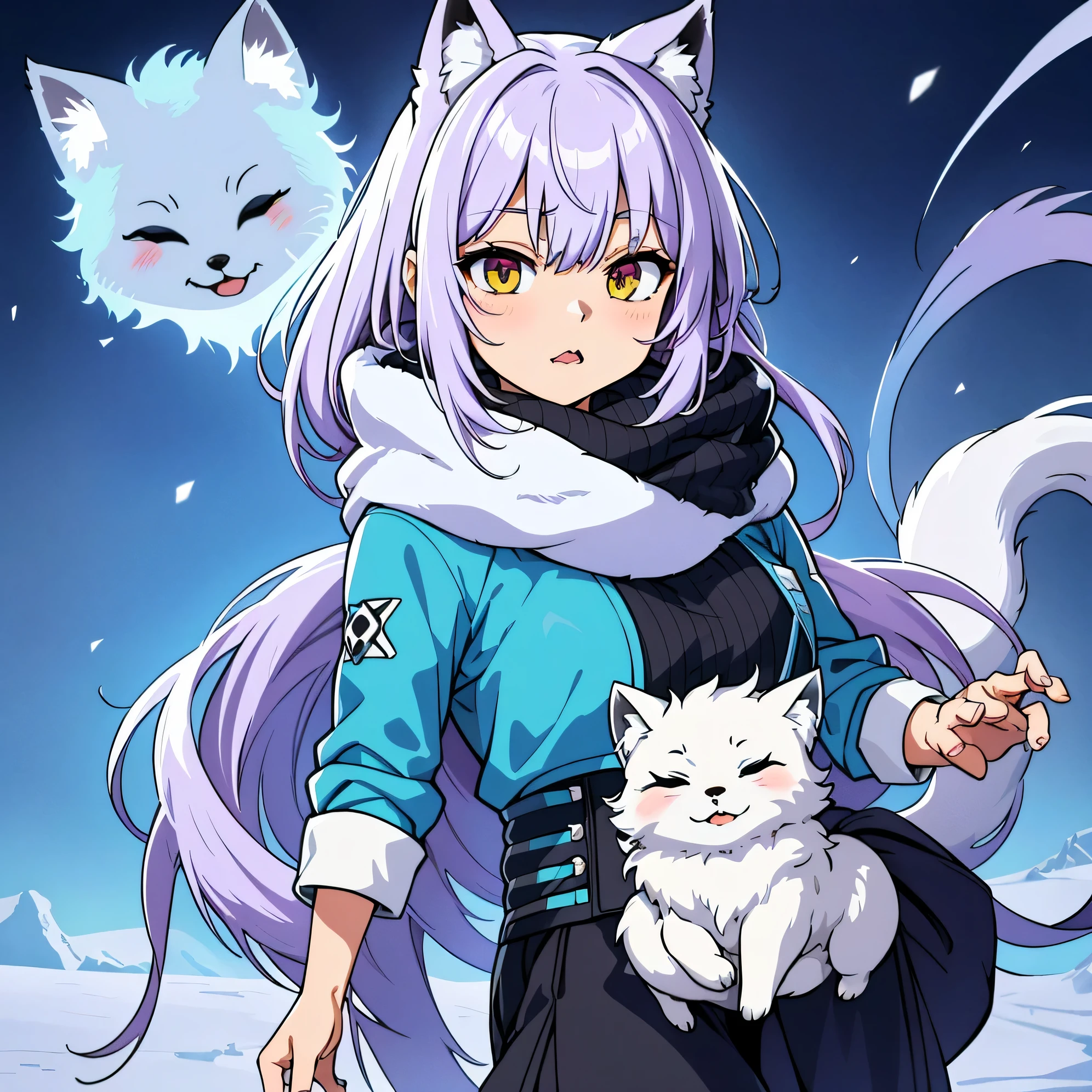 Style-NebMagic, portrait of Ismail Inceoglu, Gazelli, James jean, Anton Fadeev and Yoshitaka Amano, a fluffy cute Arctic fox wearing a Style-SylvaMagic scarf in the snow, very detailed, 8k resolution, digital art, trending on artstation, Vibrant Colours, Chibi style, masterpiece, adorable friendly lovely