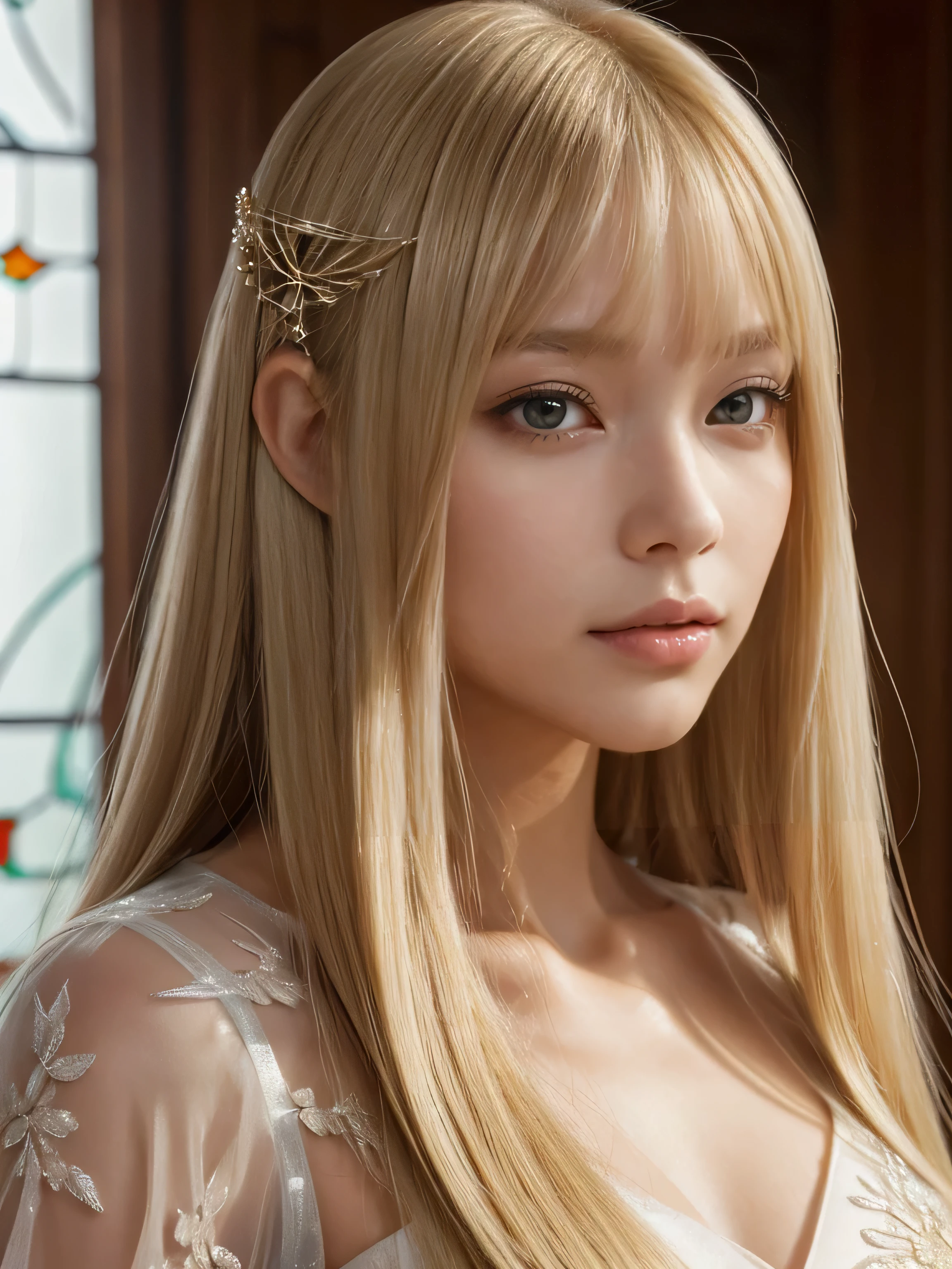 ((Face close-up)) (Squint your eyes:1.4) (Large Breasts:1.4) Beautiful Fantasy Girl ((highest quality)), ((masterpiece)), (Get used to it), Perfect Face (1 girl) (French) (She 、The cutest teen in France.) ((highest quality)), ((masterpiece)), length blonde hair length, Shining golden hair,Golden Silky Hair, Straight blonde hair, length blonde straight hair, Perfect Silky Straight Hair, Straight blonde hair, length blonde hair, Her hair is long and straight, detailed length blonde hair ((big 1.4)) Super Long Hair down to the ankles ((Neat bangs The neatly trimmed bangs are princess cut and cover the entire forehead.......))... Bright crimson lips good, Anatomically correct hand Thin fingers Anatomically correct five fingers Sexy professional makeup Beautiful French girl face, French facial features, Long Hair shiny Long Hair, length, Shining golden hair, length, Straight Golden Hair, Her hair is long and straight, Super Long Hair girl, Silky Hair, length blonde hair, Silky Hair, length, Flat Hair, Silky texture, Long Hair, length, flowing blonde hair, thin and shiny hair Anatomically correct、White beautiful human skin and detail of hands and fingers Beautiful Eyes Mouth Details the corners of the mouth rise slightly Cool look (The eyebrow color is dark brown.) (Yellow dress posing for a picture, Disney Portraits, tumbler, shin hanga, wearing organza gown, dressed beautiful gown, lady using Yellow dress, color: Yellow, A woman wearing a sparkly floral dress, elegant Yellow skin, gown, Fantasy Dress, Formal Wear, light Yellow beautiful gown, Yellow theme ) (A church with high quality stained glass..)