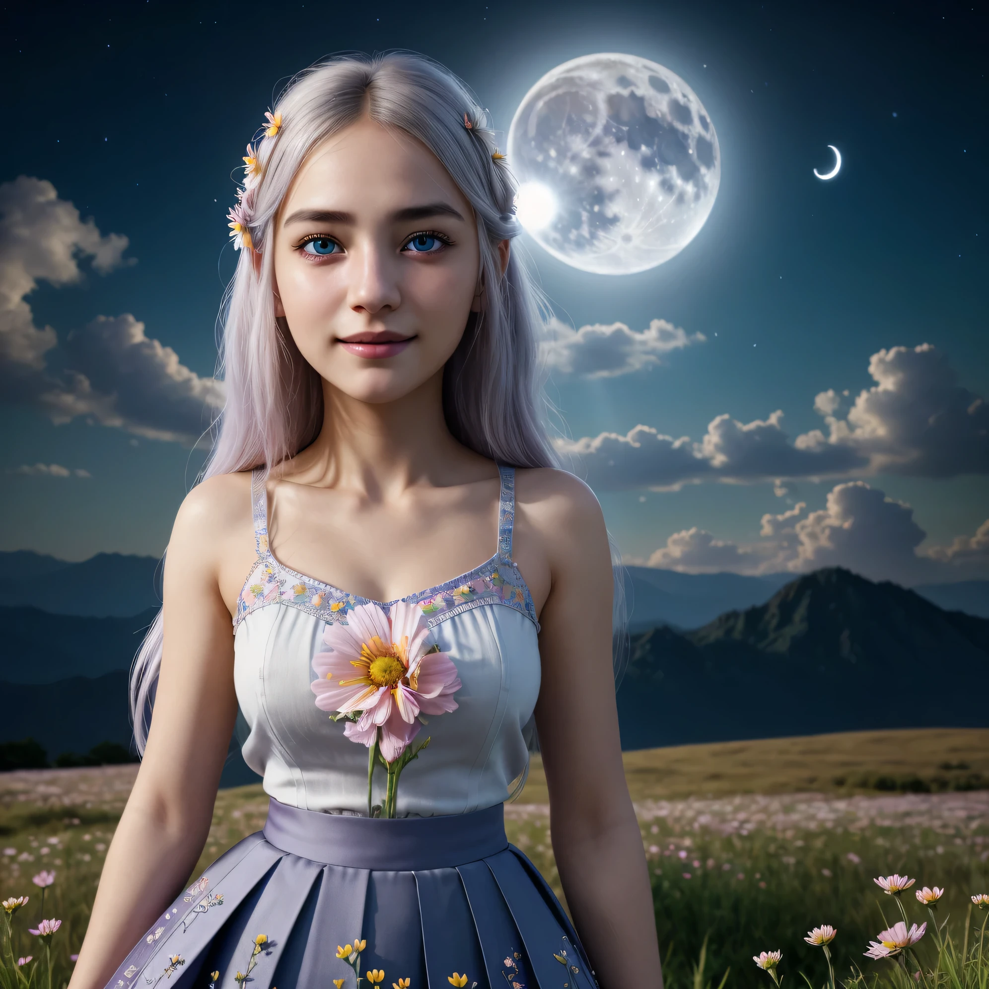 masterpiece, best quality, 1girl, (colorful),(finely detailed beautiful eyes and detailed face),cinematic lighting,bust shot,extremely detailed CG unity 8k wallpaper,white hair,solo,smile,intricate skirt,((flying petal)),(Flowery meadow) sky, cloudy_sky, building, moonlight, moon, night, (dark theme:1.3), light, fantasy,