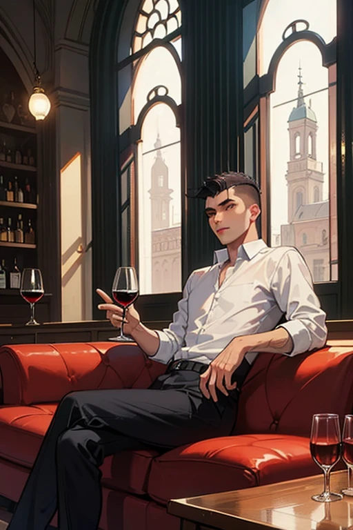 (1 person)((mtu :1.2))((Mysterious man)), (Sit on a red leather sofa), Sven style,A man like Yang Jian,(((Hair combed back,The hair on both sides is combed back,damp hair,extremely short hair))), The best ratio of four fingers to one thumb, (Holding a complete and perfect wine glass in his hand),((white shirt)),Black eyes, fantasy, Dark fantasy, Perfect hand, fantasy, romatic, Kravyod, (Architecture of the Baroque period), In the classic bar, Best light and shadow