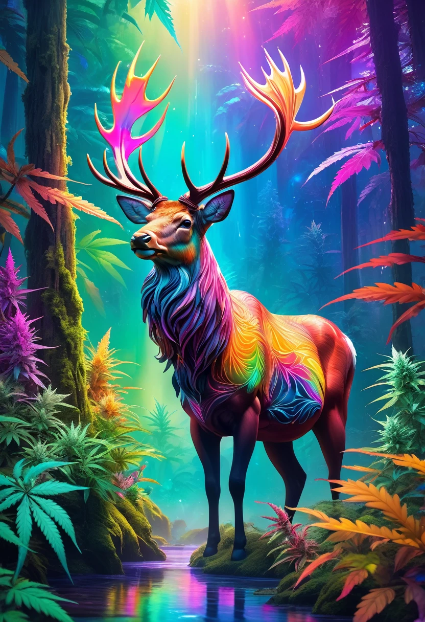 An enchanted mystical cannabis forest, con hojas de cannabis luminosas, multicolored neon cannabis, agua cristalina que brota de una cascada, Hermosos cannabis, (((Single vision with extremely extravagant multi colors))), in the background of the scene a mystical elk, {Imagen de pared de la unidad CG de 16k extremadamente detallada en papel.}, Expansive Landscape Photography, (una vista baja que se centra en el personaje y el cielo de arriba), (vista de campo abierto), (low angle shot), (destacar: 1.4), (luz baja:1.2), (warm light source: 1.6), Detalles complejos, (colores iridiscentes: 1.6), (Bright lighting), (atmospheric lighting), dreamer, Single, nadie, reflejos perfectos, cannabis