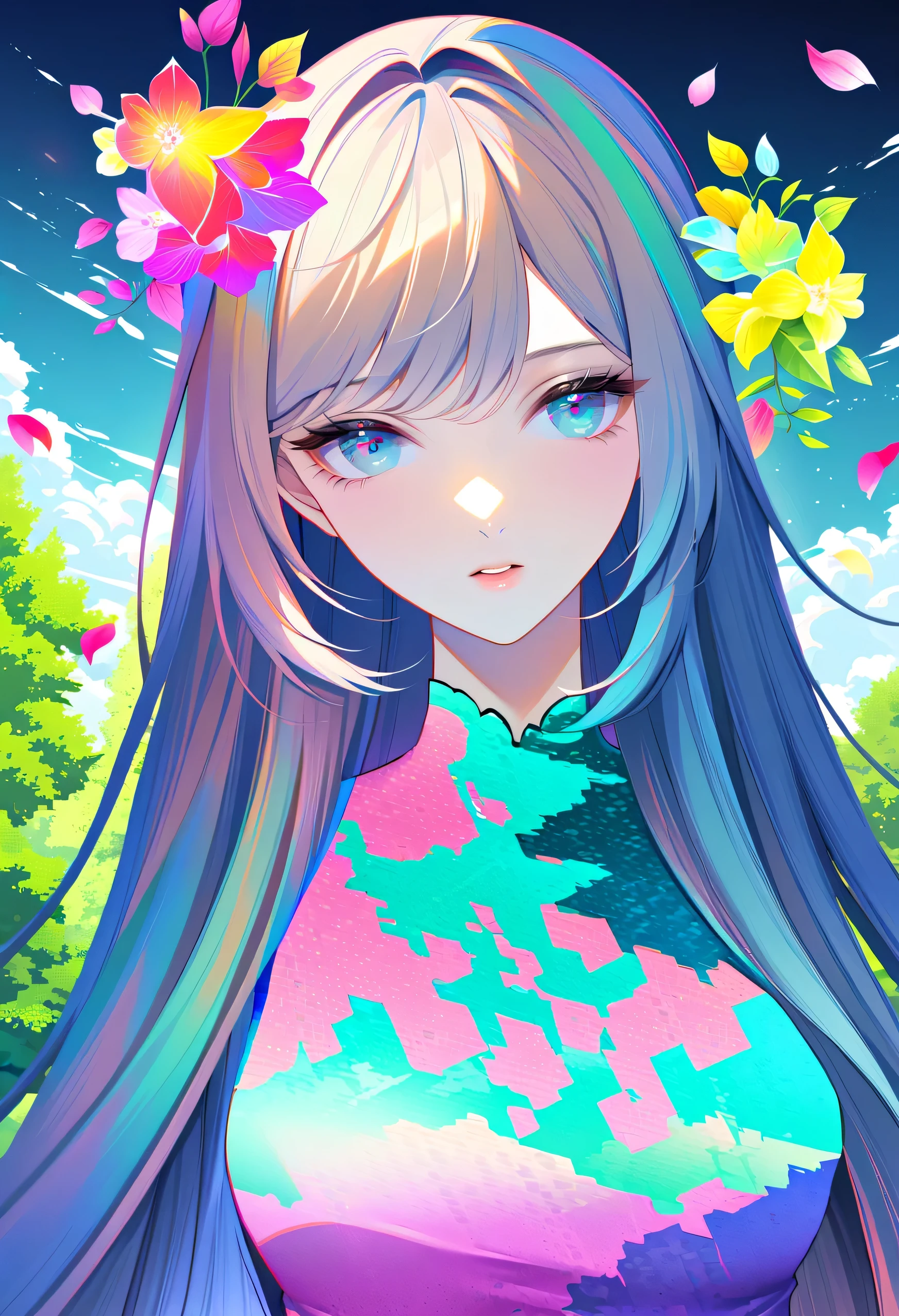 A girl in a garden, masterpiece, best quality, high quality, highres, absurdres, 1girl, glitch art, (digital distortion:1.2), pixelated fragments, data corruption, colorful noise, visual chaos, contemporary aesthetics, vibrant colors, surreal abstraction, vibrant flora, sunlight streaming through trees, dreamy atmosphere, delicate petals, lush foliage, serene expression, ethereal beauty, detailed features, long flowing hair, subtle shadows, soft pastel tones, mesmerizing composition, intricate patterns, harmonious blend of colors, captivating visual narrative, magical ambience, natural lighting, masterpiece, best quality, high quality, highres, absurdres, 1girl,glitch art, (digital distortion):1.2, pixelated fragments, data corruption, colorful noise, visual chaos, contemporary aesthetics