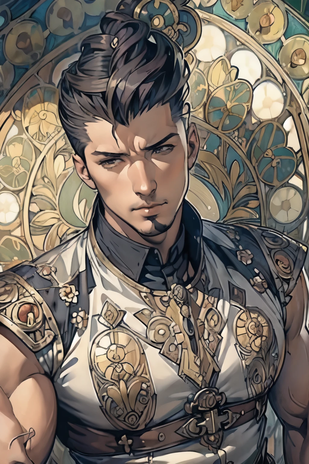 ((Detailed face)),((Mucha's style)),(portrait),((muscular male)),pompadour(Medieval  male soldier),black hair(Mucha in the background),(high position:1.4)
